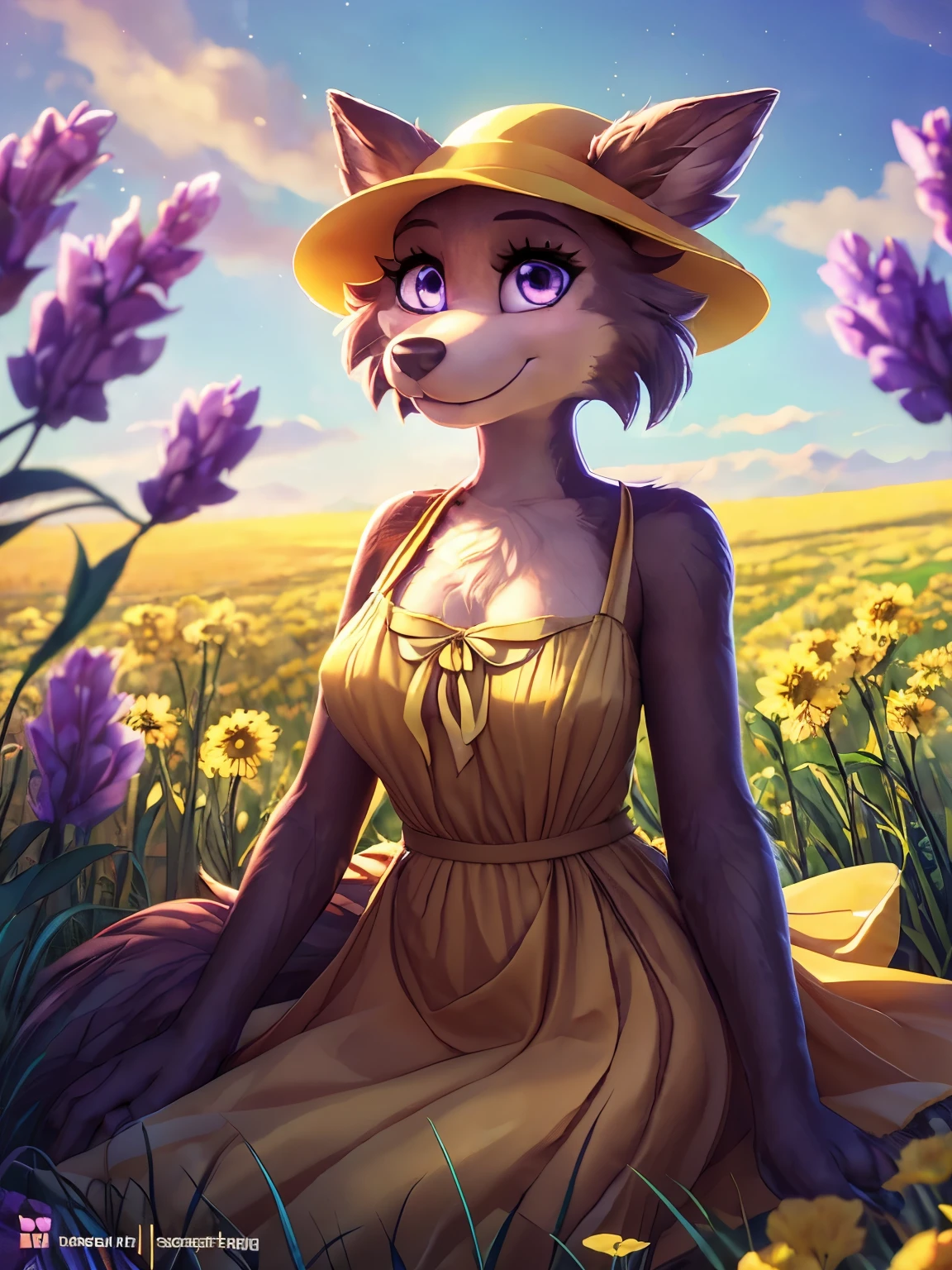 (by whisperingfornothing) solo, furry anthro juno, female, detailed background, (cinematic lighting:1.1), (perfect focus:1.1), 8k hd, photo, (detailed eyes:1.2),depth of field, bokeh, subsurface scattering, perfect breasts, wide angle,(dress, yellow dress,yellow Hat), bright colors, (furry detail:1.3),yellow flowers, natural landscape, field of yellow flowers,sky with clouds, sunny day, brown fur,brown body,fur body,purple eyes,anthro wolf girl, detailed fur, fluffy fur,(short tail),(detailed pixar purple eyes:1.2),smile, seductive smile,athletic body