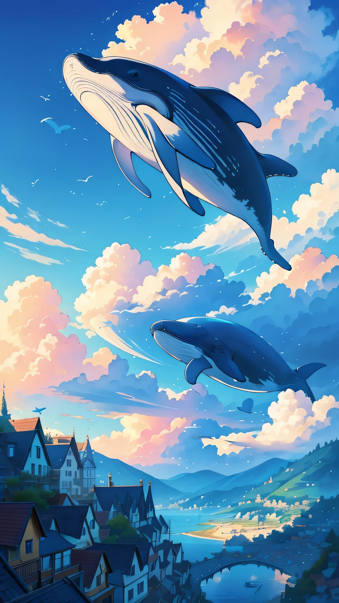 masterpiece, best quality, movie lighting, Very detailed, number, art station, matte painting, whimsical, surreal, A huge flying whale soars in the blue sky and fluffy clouds, A vibrant storybook village sits on itcame back, brightly colored house, winding streets, Very interesting visual interest. On the clouds and on the whale&#39;came back，The villagers in the whole village live happily、play. Whales look gentle and friendly, The village falls seamlessly onto itcame back. Sunlight shines on whales and villages, The scene is like a dream, The clouds are very dense，soft as cotton, 8K resolution ultra-detailed.