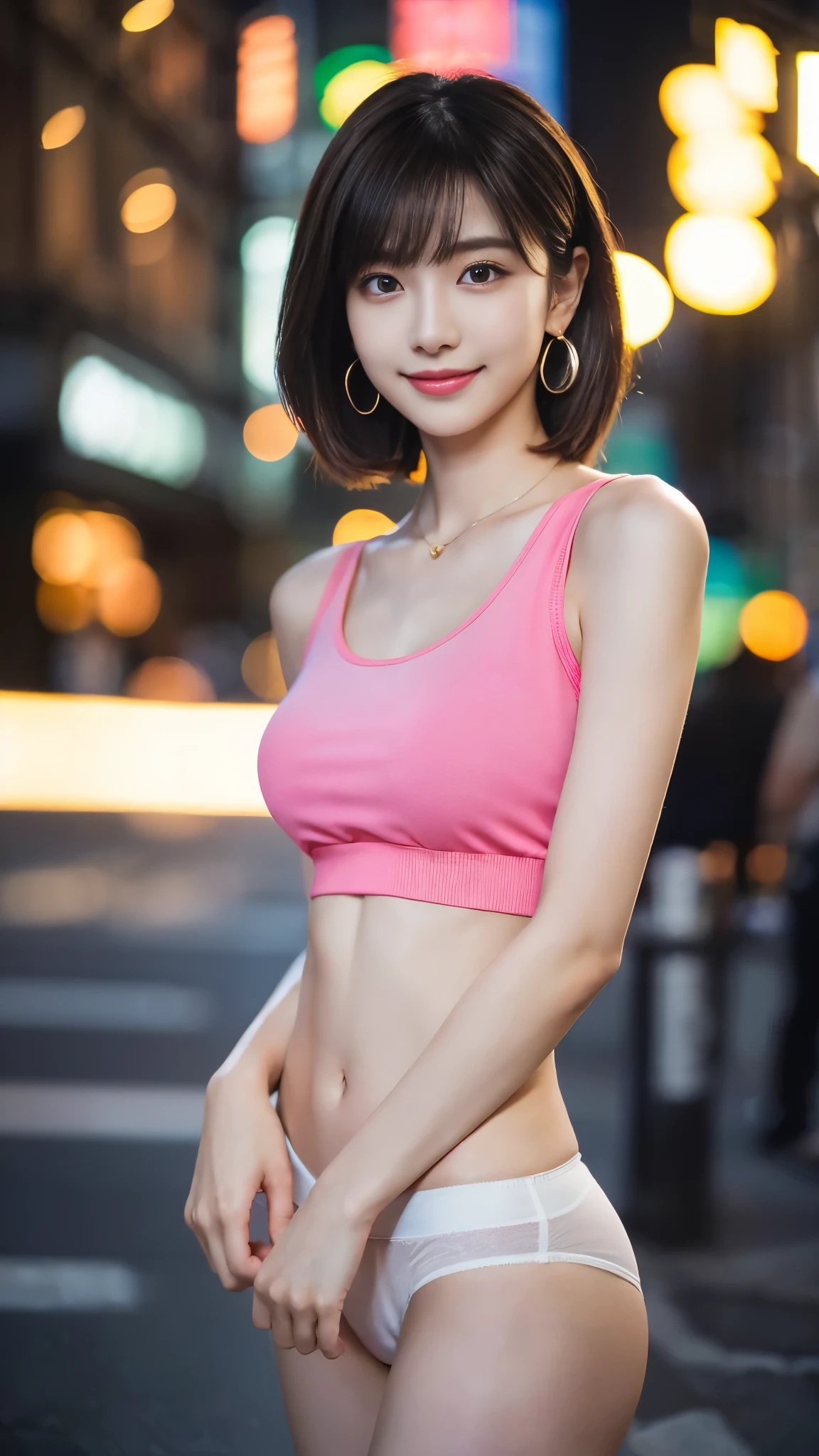 8K, masterpiece, Raw photo, highest quality, realistic, Highly detailed CG Unity 8K wallpaper, Depth of written boundary, cinematic light, Lens flare, ray tracing, (very beautiful face, beautiful lips, beautiful eyes), face with intricate details, ((super dense skin)) 1 girl, in the dark, deep shadow, cute korean girl, K-POPアイドル, 1 girl, (very slim slender fit-muscled body:1.3), ((looking at the viewer)),(大きなsmile:1.3), (Tight Race Blouse), (hot pink blouse), (sleeveless) , (fashion city night, dark night, (neon sign), (blurred background), fashion street night),(with no people in the background:1.3), beautiful earrings, bracelet, necklace, clear eyes, (white skin), (Big eyes), I&#39;looking forward to it, ((upper body shot)), ((Black panties)),(brown hair), (looking at the viewer:1.3) open chest, very slim, , return, buckshot,smile , (((lower body panties.)))、(((The lower body is in underwear))),stand up straight、upper body photo、short cut hairstyle、smile、larger breasts