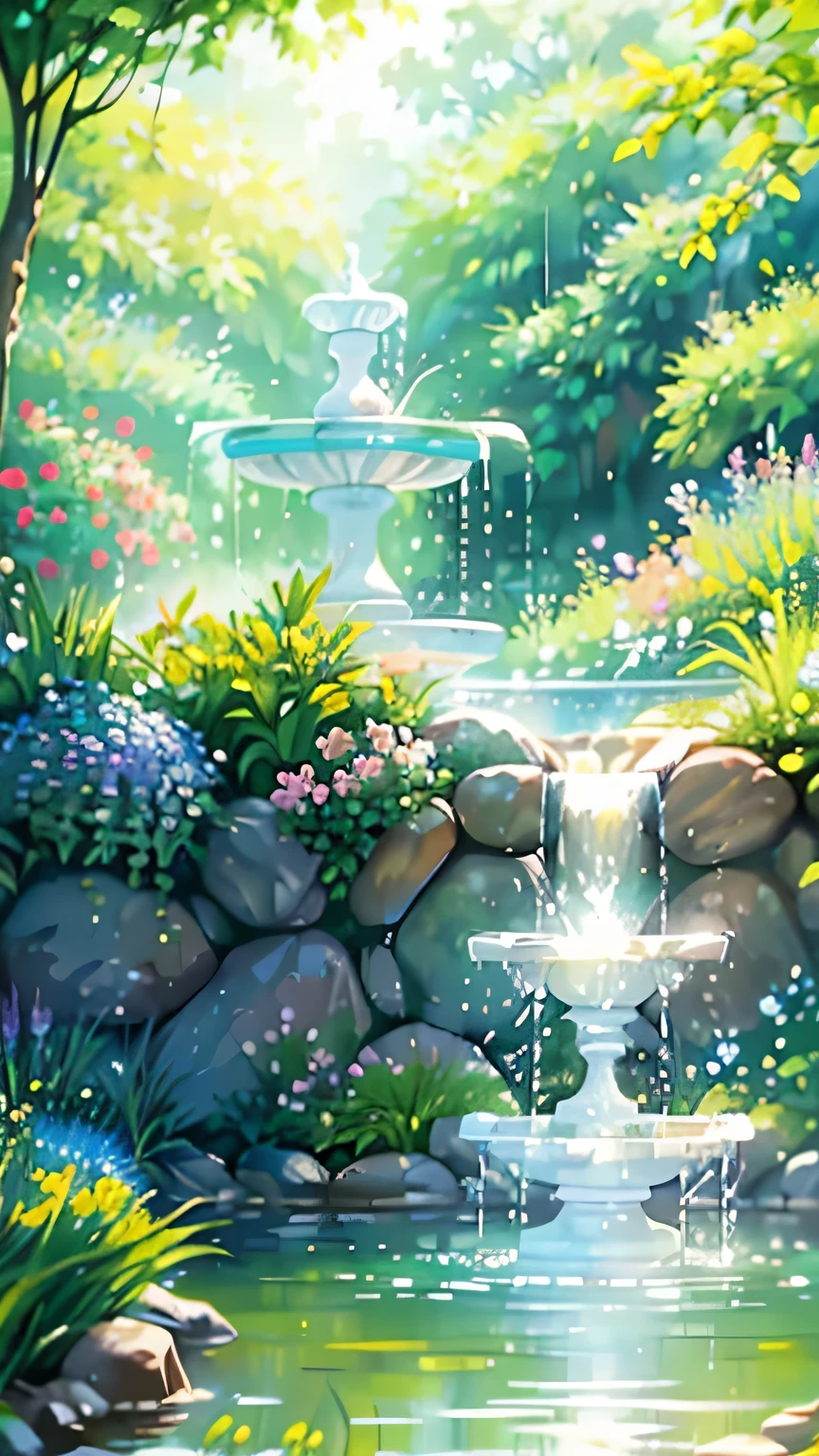 (A peaceful garden,fountain,pure water flowing out of the fountain,sparkling water droplets,Green environment,Beautiful flowers,Birdsong,breeze,peaceful atmosphere,relaxing atmosphere) (painting:1.1,actual,photoactual:1.2),bright colors,soft sunshine,Playful light and shadow effects