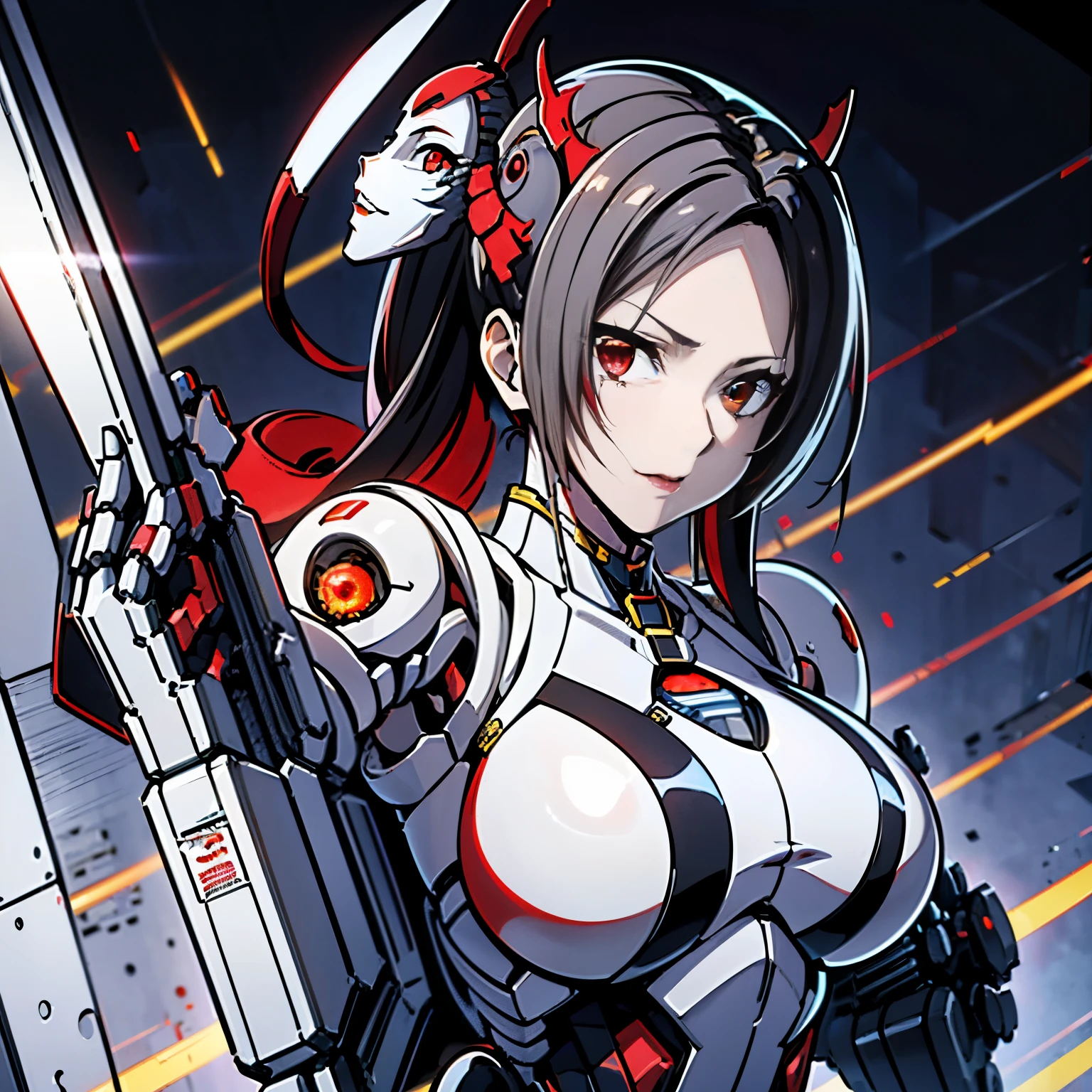 masterpiece、最high quality、super detailed、very detailedイラスト、very detailed、intricate details、High resolution、超intricate details、Hvery detailed 8k CG wallpapers、Full android girl、(((The color of the costume is gray:1.6))), No sleeve, Komono, ((mai shiranui:1.3)), bare shoulders, brown hair,  long and high ponytail, hair band,  1 person、 Full Robot Woman, beautiful指, beautiful長い脚, beautiful体, beautiful鼻, beautifulキャラクターデザイン, red perfect mechanical eyes, perfect face, No expression、((Beautifully shining red mechanical eyes:1.6))、jewelry, See-through, looking at the viewer, hair ornaments、((Please hold the kunai:1.5))、cyborg ninja, kunoichi, Mistress assassin robot,((fighting style:1.5))、
(table top, 最high qualityの, 最high quality, beautiful and aesthetic: 1.2), very detailed, more detailed,proper body proportions,table top,超high qualityの出力画像,High resolution,intricate details,とても繊細でbeautiful髪,realistic pictures,dream-like,professional lighting,realistic shadow,focus only,
(big breasts:1.2,) , floating skirt,Anime one、rough skin, Super detailed, advanced details, high quality, 最high quality, High resolution, 1080p, hard disk, beautiful,(war machine),beautifulサイボーグの女性,Mecha cyborg girl,battle mode,Mecha body girl,She is wearing a futuristic war machine weapon mecha、((Attach mechanical cyberpunk mask:1.5))、((fighting stance:1.5))、(((Owns a large mechanical handheld fan:1.3)))、(mechanical wing:1.6)