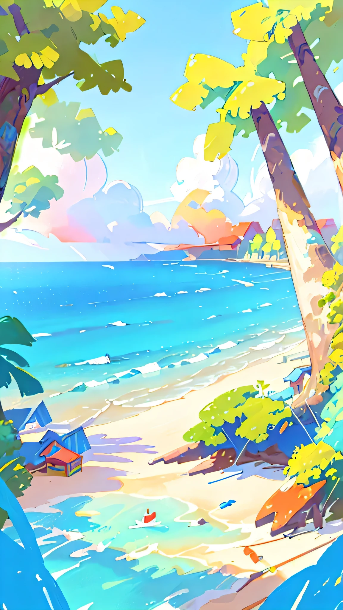 A beach landscape with boats and trees, Vibrant gouache scenery, landscape artwork, beach view, beautiful painting, Detailed Landscape - Width 672, Landscape art details, seaside, blue sky, high quality, colorful landscape painting, blue sky, seaside, acrylic paint style, Graphic painting, canvas painting, landscape painting, sea view