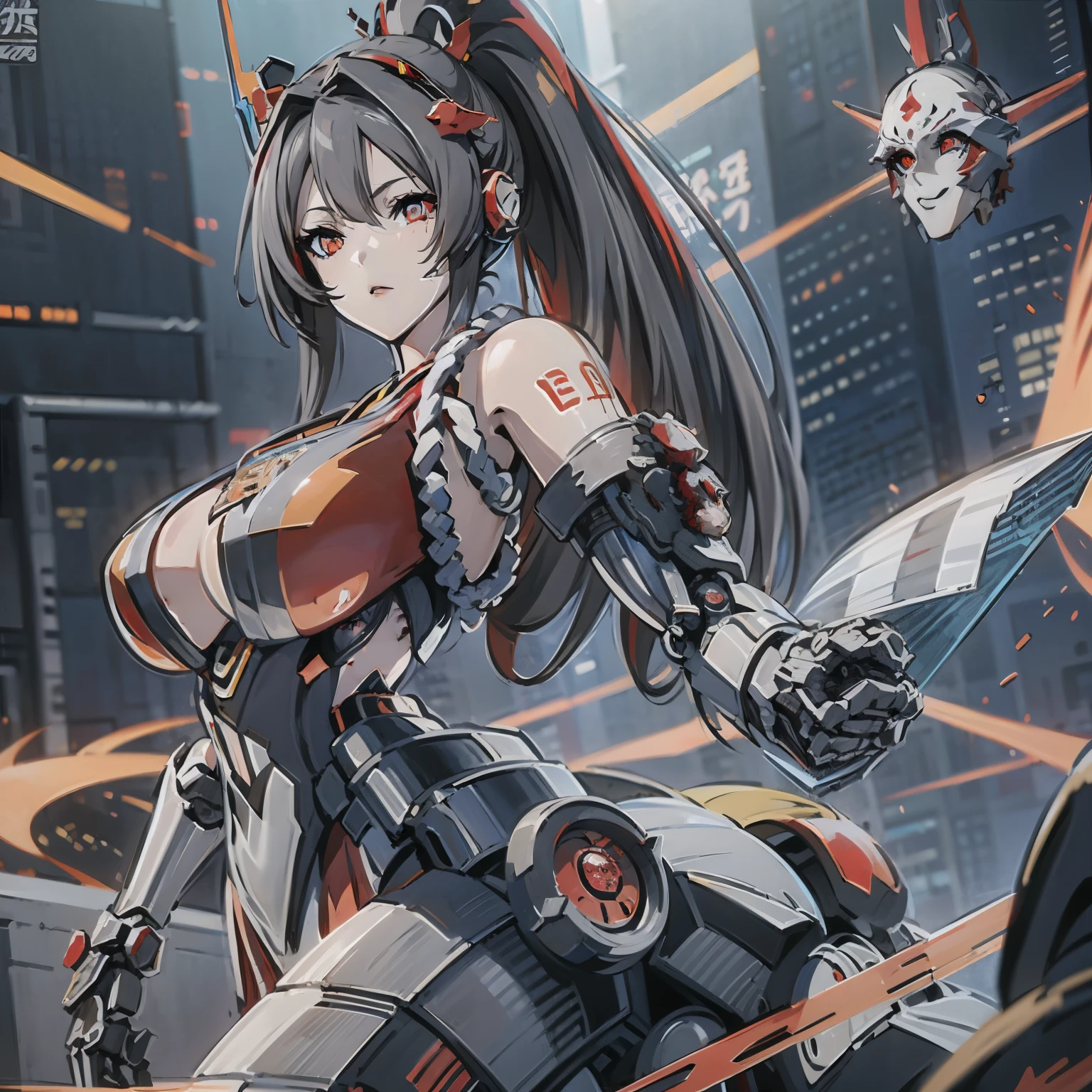 masterpiece、最high quality、super detailed、very detailedイラスト、very detailed、intricate details、High resolution、超intricate details、Hvery detailed 8k CG wallpapers、Full android girl、(((The color of the costume is gray:1.6))), No sleeve, Komono, ((mai shiranui:1.3)), bare shoulders, brown hair,  long and high ponytail, hair band,  1 person、 Full Robot Woman, beautiful指, beautiful長い脚, beautiful体, beautiful鼻, beautifulキャラクターデザイン, red perfect mechanical eyes, perfect face, No expression、((Beautifully shining red mechanical eyes:1.6))、jewelry, See-through, looking at the viewer, hair ornaments、((Please hold the kunai:1.5))、cyborg ninja, kunoichi, Mistress assassin robot,((fighting style:1.5))、
(table top, 最high qualityの, 最high quality, beautiful and aesthetic: 1.2), very detailed, more detailed,proper body proportions,table top,超high qualityの出力画像,High resolution,intricate details,とても繊細でbeautiful髪,realistic pictures,dream-like,professional lighting,realistic shadow,focus only,
(big breasts:1.2,) , floating skirt,Anime one、rough skin, Super detailed, advanced details, high quality, 最high quality, High resolution, 1080p, hard disk, beautiful,(war machine),beautifulサイボーグの女性,Mecha cyborg girl,battle mode,Mecha body girl,She is wearing a futuristic war machine weapon mecha、((Attach mechanical cyberpunk mask:1.5))、((fighting stance:1.5))、(((Owns a large mechanical handheld fan:1.3)))、(mechanical wing:1.6)