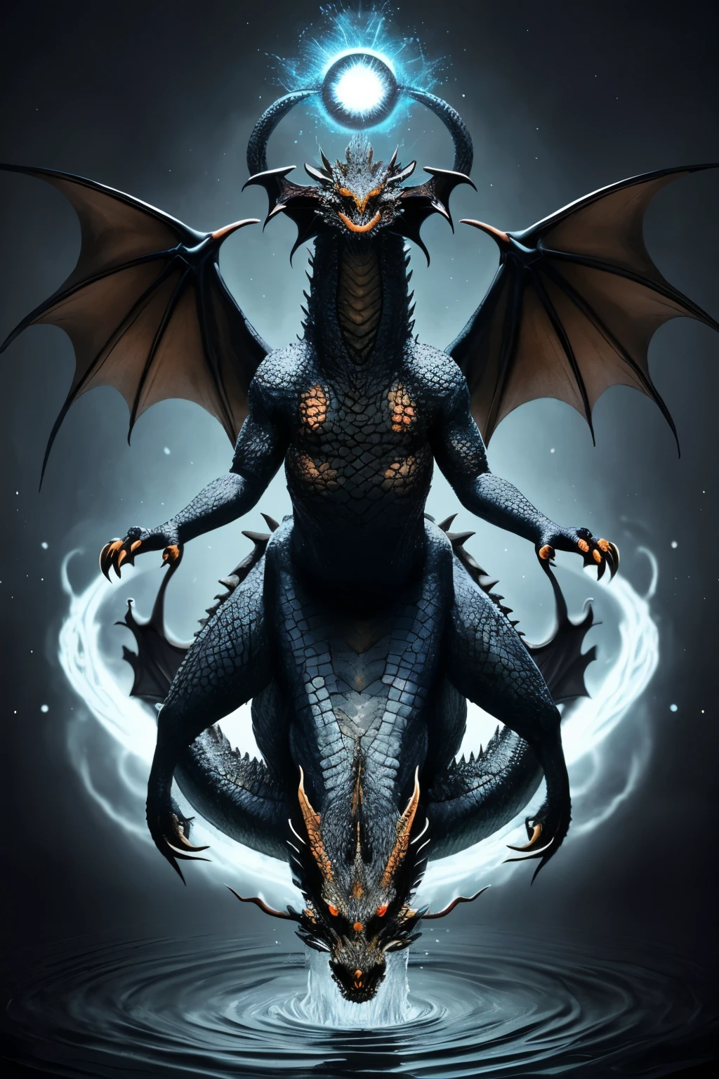 reate a dragon inspired by medieval Lovecraftian themes. The dragon should have 10 eyes, 2 heads, and 2 arms with rotating rings. The background should resemble the disintegration of an atom, like flowing water. Unleash your creativity and design a visually captivating depiction of this mystical creature!