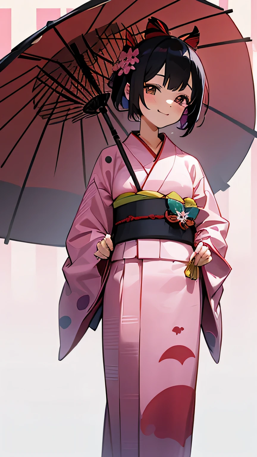 1 female,Standing position,front,kimono,country,pink,black hair,whole body,Polka dot pattern,human,smile