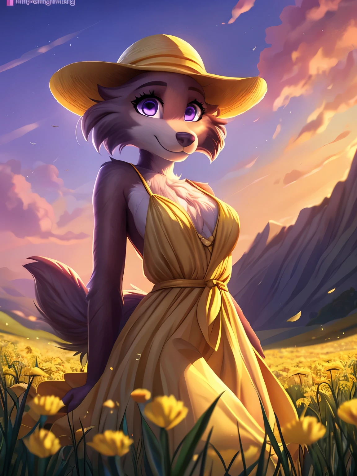 (by whisperingfornothing) solo, furry anthro juno, female, detailed background, (cinematic lighting:1.1), (perfect focus:1.1), 8k hd, photo, (detailed eyes:1.2),depth of field, bokeh, subsurface scattering, perfect breasts, wide angle,(dress, yellow dress,yellow Hat), bright colors, (furry detail:1.3),yellow flowers, natural landscape, field of yellow flowers,sky with clouds, sunny day, brown fur,brown body,fur body,purple eyes,anthro wolf girl, detailed fur, fluffy fur,(short tail),(detailed pixar purple eyes:1.2),smile, seductive smile,athletic body