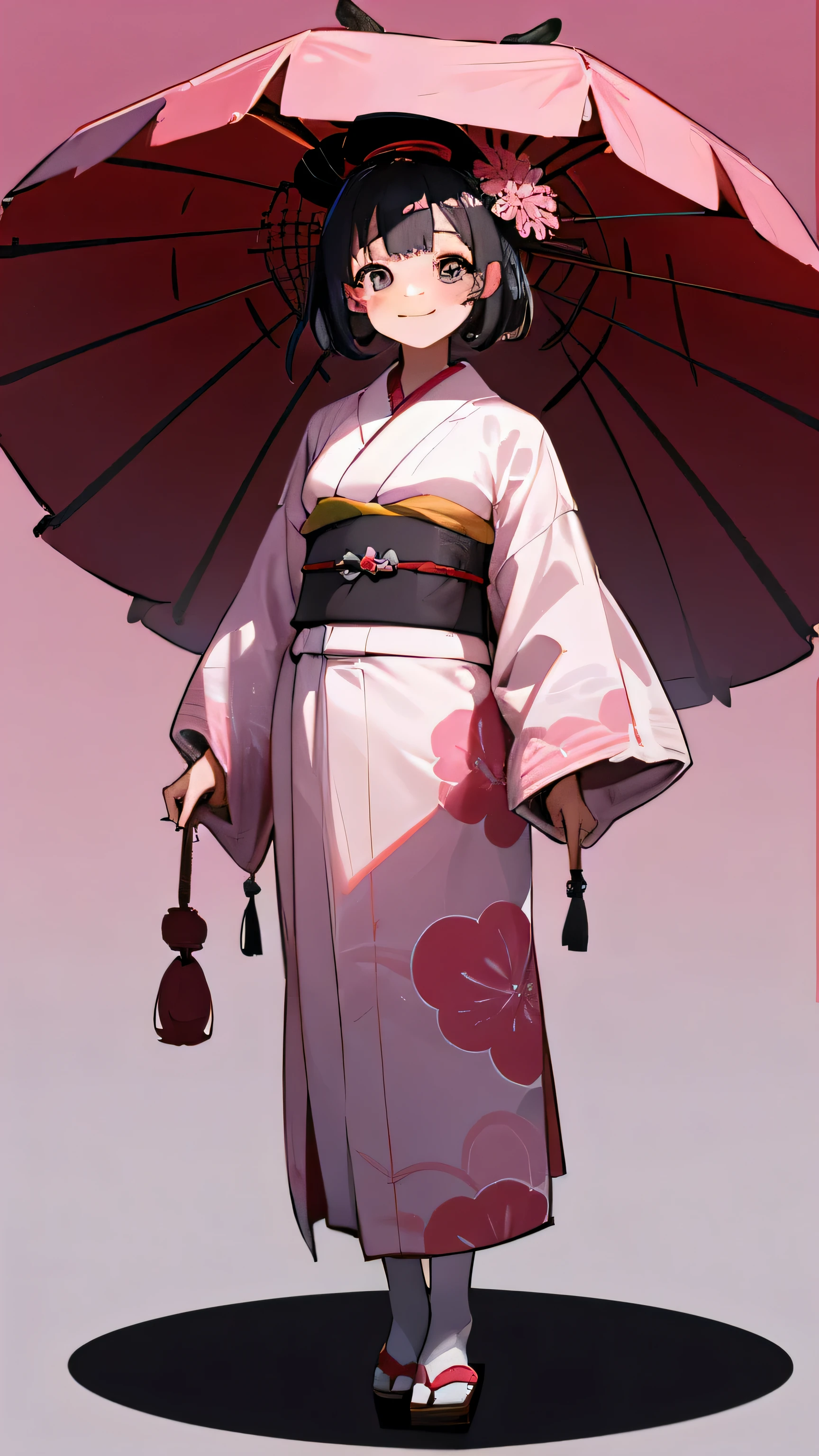 human,Braid,1 female,Standing position,front,kimono,country,pink,black hair,whole body,Polka dot pattern,human,feet,smile