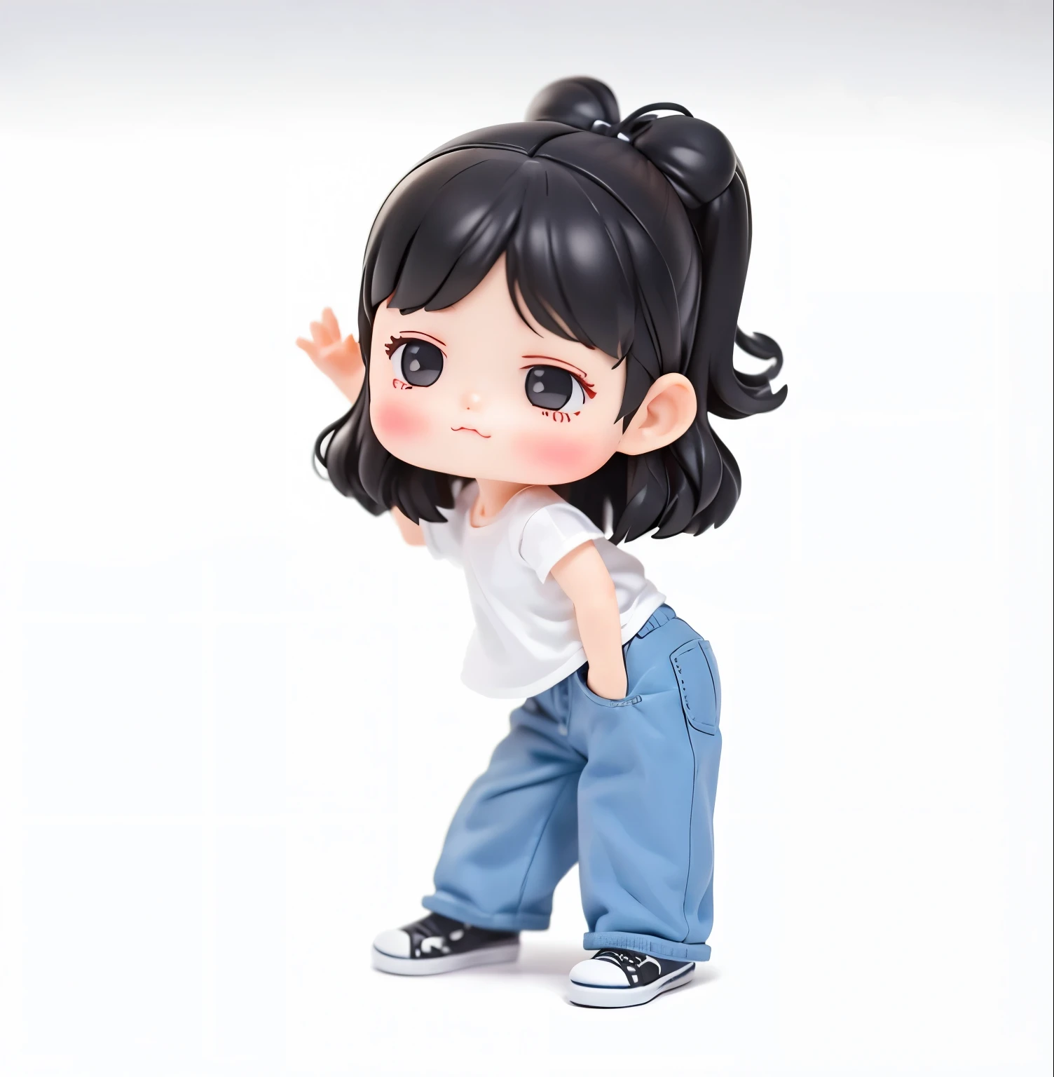 Blind box toy style,a cute girl,cute face,black hair,white undershirt,jeans,flat shoes