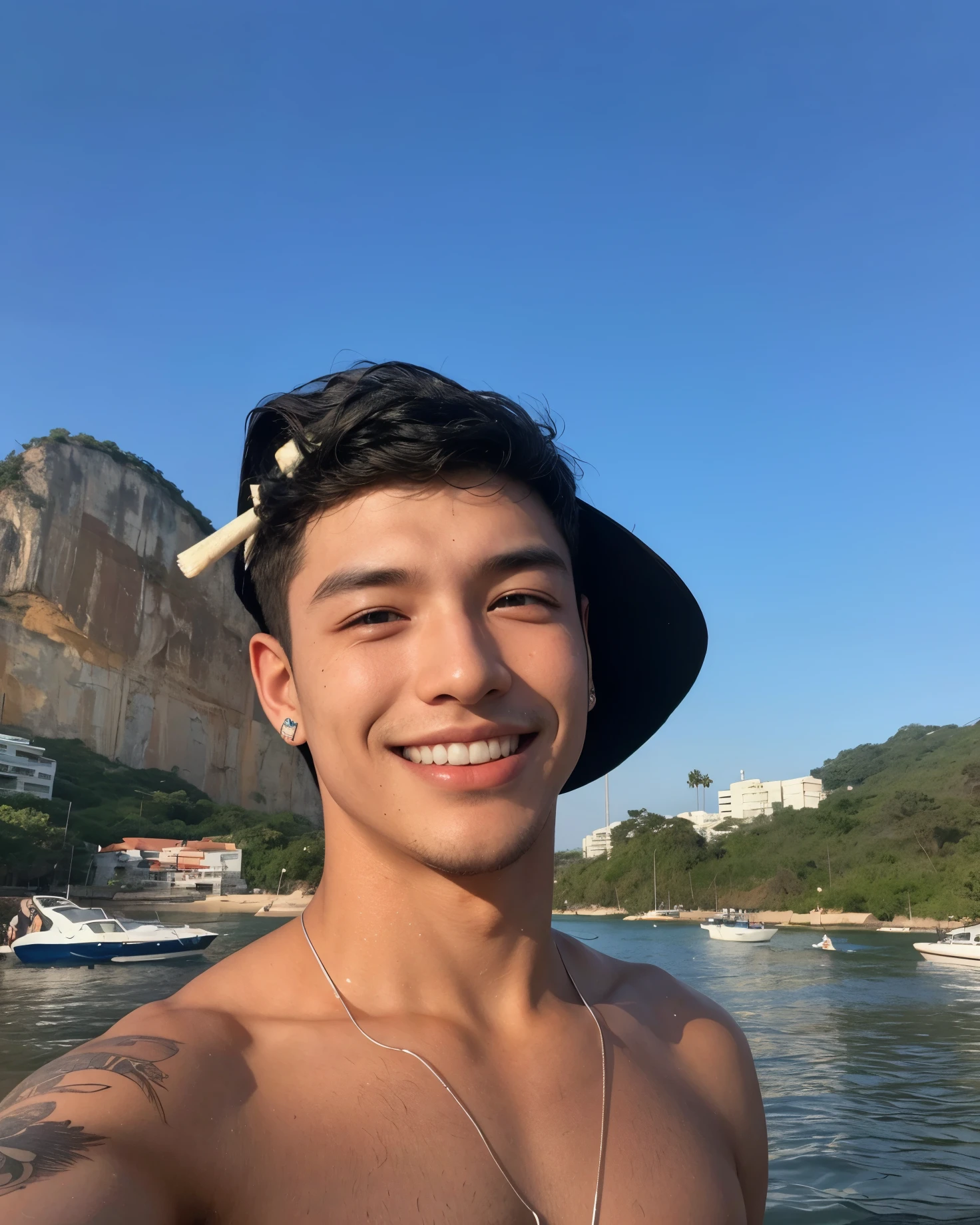 Homem moreno, jovem coreano, brasileiro, belo rapaz negro, com bone na cabeca, na praia, peitoral exposto, sorriso sacana, pretinho lindo