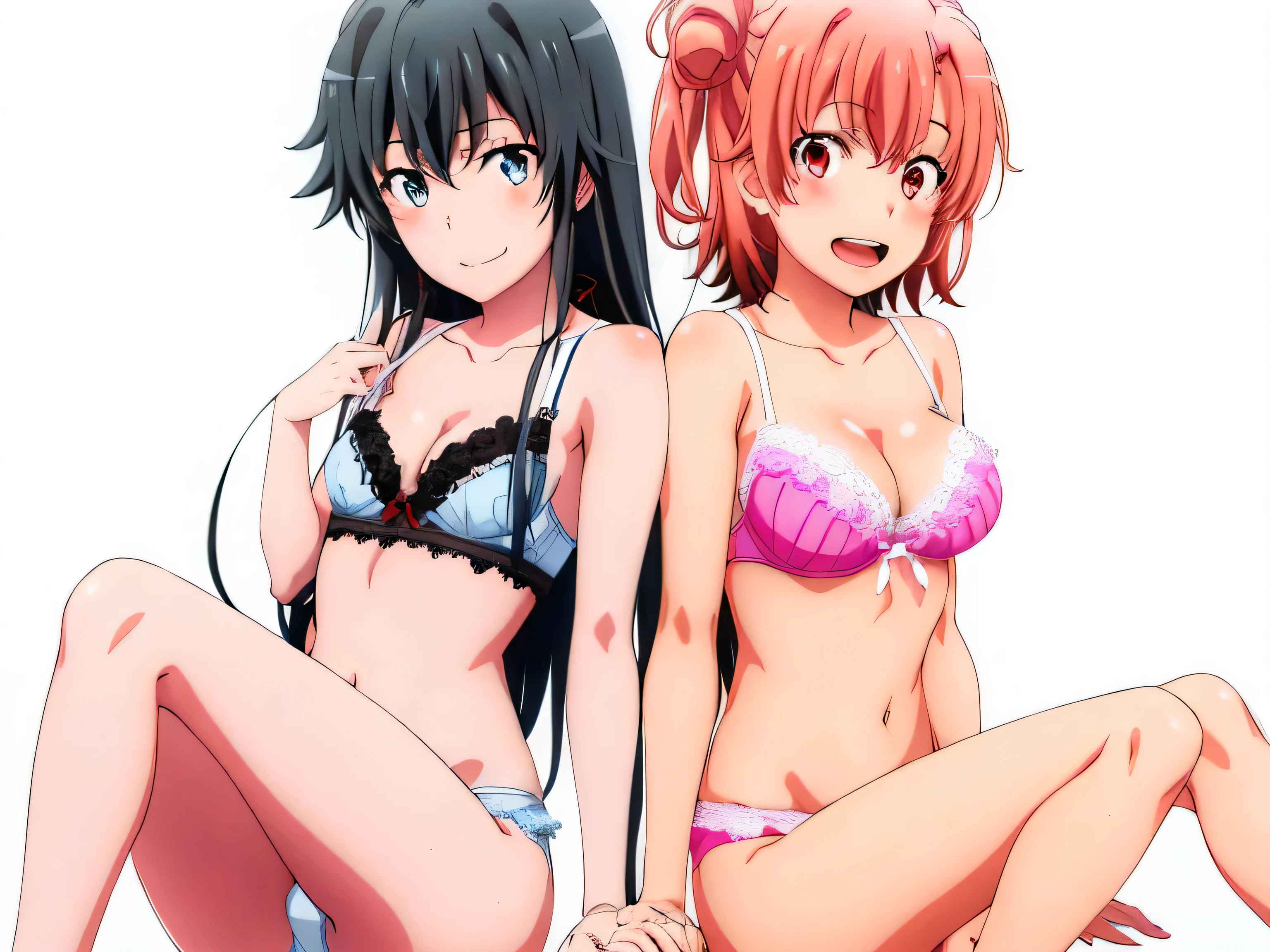 2 girls , Yukinoshita Yukino , yuigahama yui&#39;bust and thighs are great,In underwear,squat forward,they have their hands behind their backs,bra,belly button,light pink frilly panties,white lace ruffle panties,thighs,knee calf,hold the calf with both hands,raise your legs,((high angle)),(beautiful eyes),open your mouth,smile,Insert your head