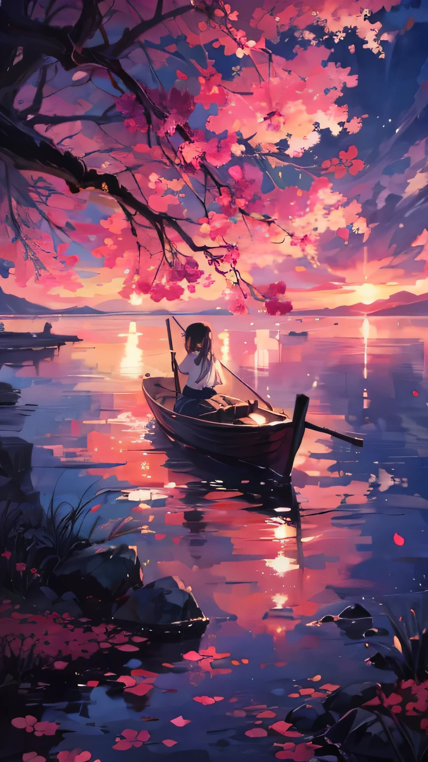 Anime girl on the boat under the pink flower tree, Makoto Shinkai Cyril Rolando, Anime beautiful peaceful scene, Anime Art Wallpaper 4k, Anime Art Wallpaper 4k, A beautiful artistic illustration, Anime Art Wallpaper 8k, author:Yang Jie, Rostland. landscape background, beautiful anime scene, Beautiful anime artwork, Very beautiful digital art
