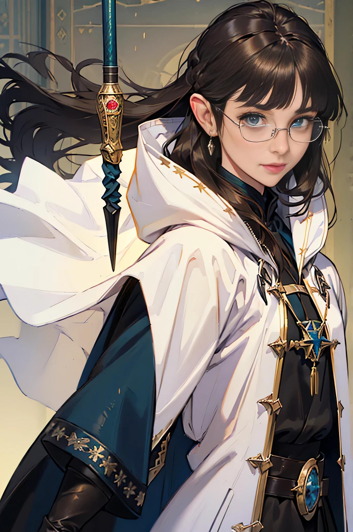 (((((girl))))), masterpiece, super detailed, 8K portrait, Raw photo, female portrait photography, full body, Highly detailed smile, ((fantasy)), (((hobbit))), ((adult)), 45 years old, 110cm, (((Alchemist))), ((sunburned skin)), (((Greenish dark brown long straight hair))), (((dull bangs))), (((navy blue silk long cloak))) fluttering in the wind, (((white inner coat))), long skirt, leather gloves, (((Glasses))), (((has a cane))), midday sun, surreal, slender body, Near the fog castle, environmental lighting, shadow details, focus the camera on the face, strong wind, light fog