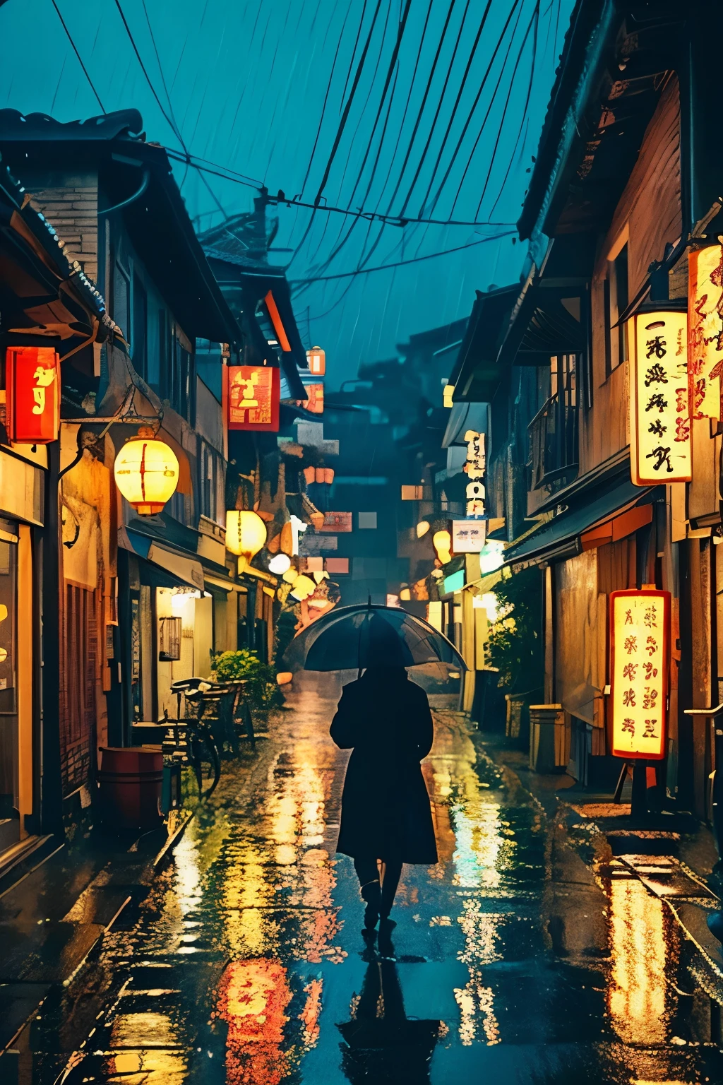 A village with lots of lights on the buildings々nice view, dreamy chinatown, chinese village, awesome wallpaper, Japanese street, japanese village, very realistic city pictures, old asian village, Japanese cities, Written by Raymond Han, rainy evening, cyberpunk chinese ancient castle, Beautifully lit building, in the evening in the rain, beautiful and aesthetic, photo shoot, cinematic, 8K, highly detailed ((heavy rain)))