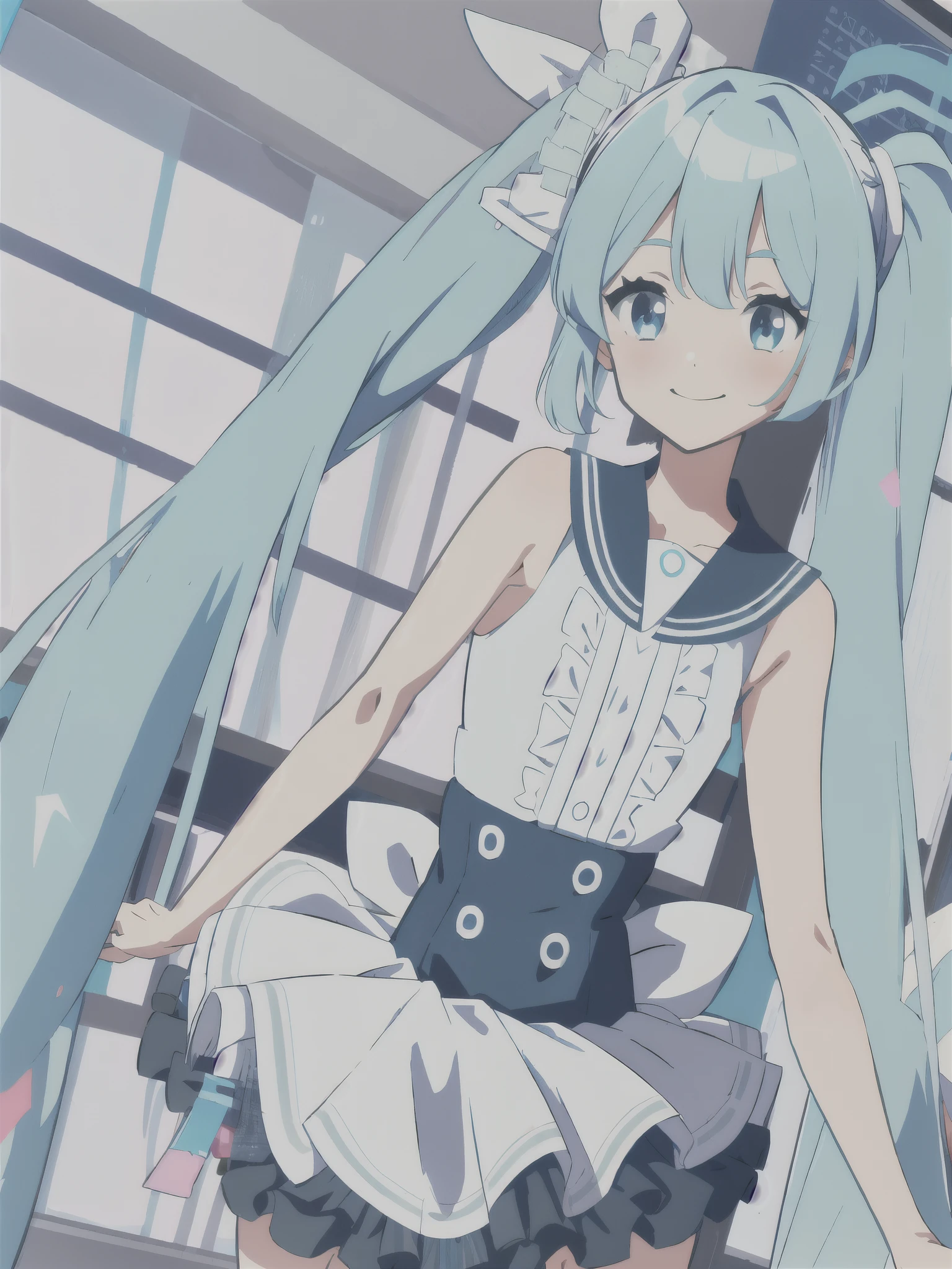 buruaka miku, bangs, twintails, aqua hair, hair ornament, very long hair, blue eyes, frills, sleeveless, sailor collar, sleeveless shirt, skirt, fcoowboy shot, smile, solo, solo focus