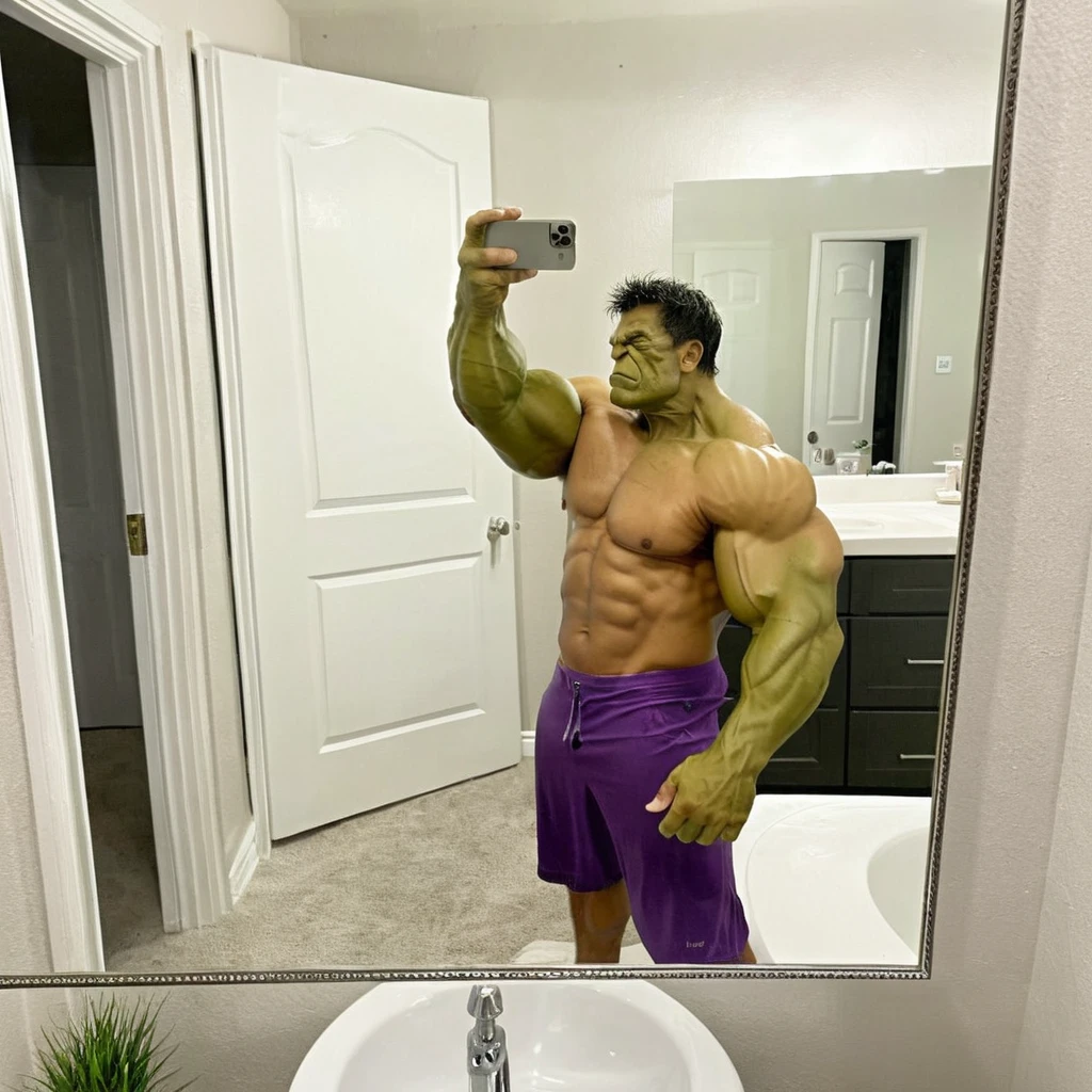 Marvel's The incredible hulk taking a selfie in a large bathroom mirror