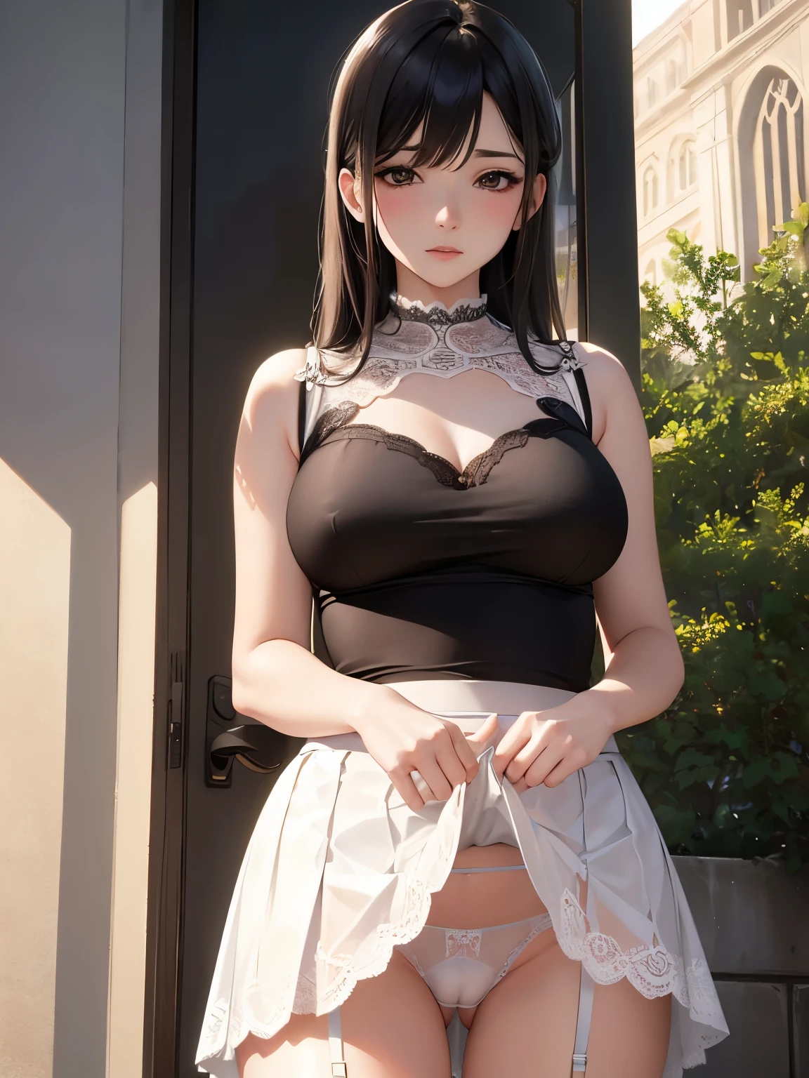 (masterpiece), Mature , sexy, After, Floral lace underwear, Natural light, realistic, camel toe, diffused light, Depth of bounds written, white skirt, vapor, (lift skirt),black underwear, (urination), lively , embarrassed expression, Public place