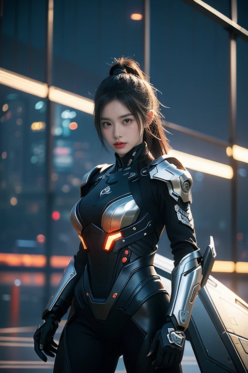 Game art，Best image quality，Highest resolution，8K，((A half-length photo))，((portrait))，(rule of thirds)，Unreal Engine 5 rendering works， (future girl)，(female warrior)， 22-year-old young hacker)，(Oriental hairstyle)，(Beautiful eyes full of details)，(big breasts)，(eye shadow)，Elegant and charming，indifferent，((frown))，(Combat suit full of futuristic technology，The costume combines futuristic power armor and，Clothing is decorated with glittering patterns and emblems)，cyberpunk characters，in the style of futuristic， photo poses，city background，lamp，Ray tracing，Game CG，((3D Unreal Engine))，OC rendering reflection pattern