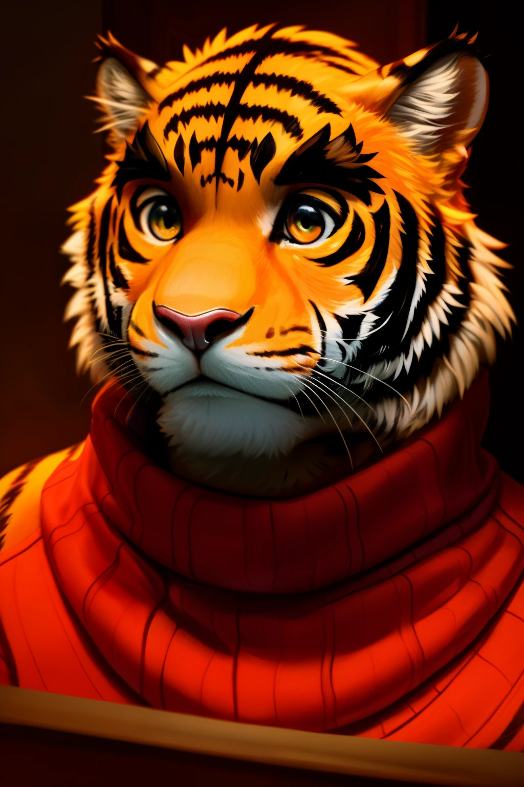 A tiger, with its stripes forming intricate patterns against the soft knit material, carefully stretches the sweater over its muscular form in a medium close-up shot. The tiger's eyes, filled with curiosity and playfulness, peer out from the sweater's neckline as it examines the reflection of its own image in a mirror. The sweater, with its red and white stripes, contrasts starkly against the tiger's orange fur and black stripes, creating a captivating juxtaposition. The scene is set against a cozy, indoor background with soft lighting casting warm shadows on the tiger's sleek body. The anatomy of the tiger