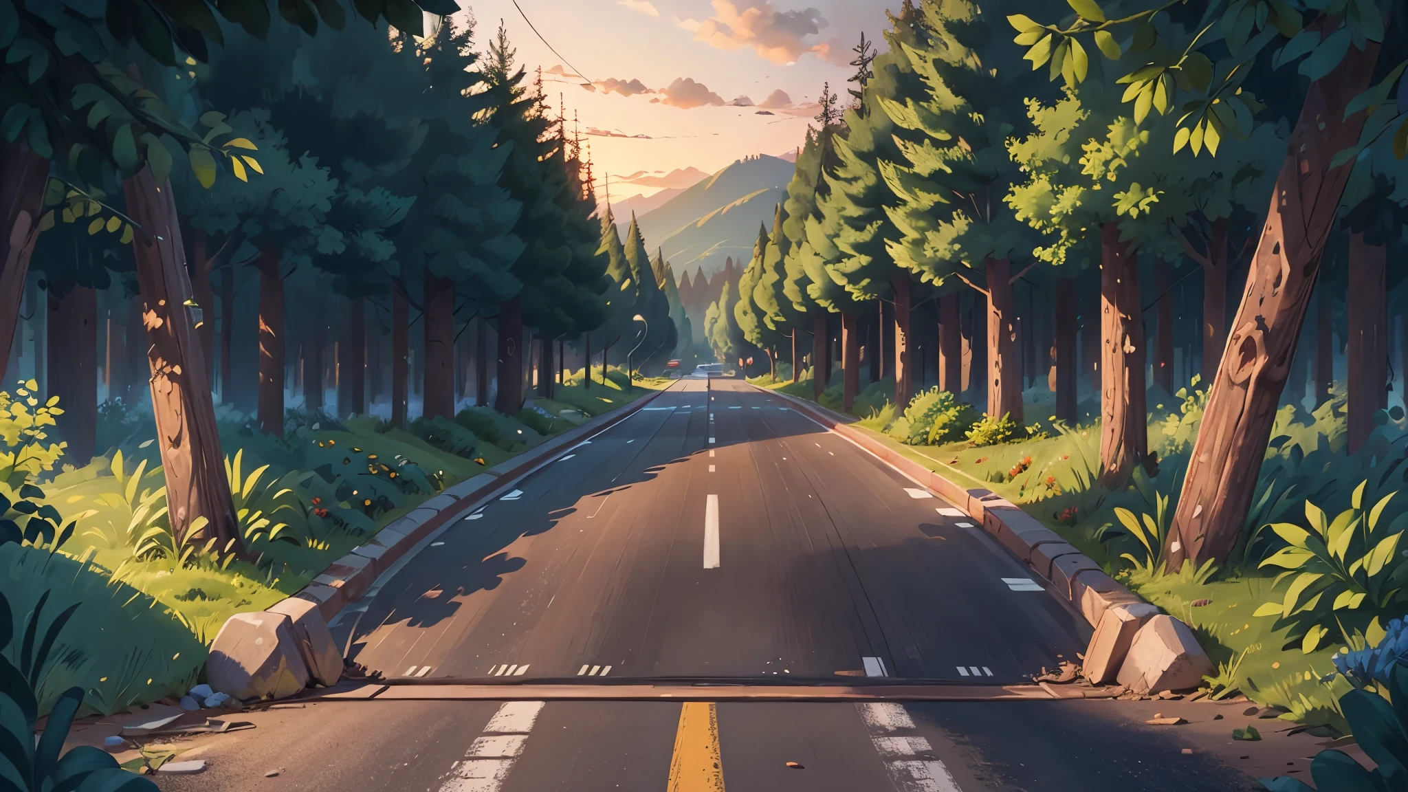 At dusk, a quiet asphalt road, only road