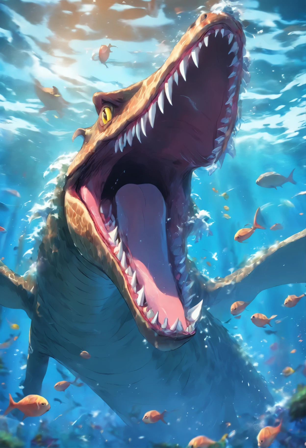 araffe with open mouth in the water with its mouth open, an illustration of by Adam Marczyński, shutterstock, surrealism, ocean giant creature bloop, plesiosaur, underwater sea monster, scary sea monster, deep sea creature, realistic photography paleoart, deep sea monster, realistic paleoart, large mouth with teeth, deep sea creatures