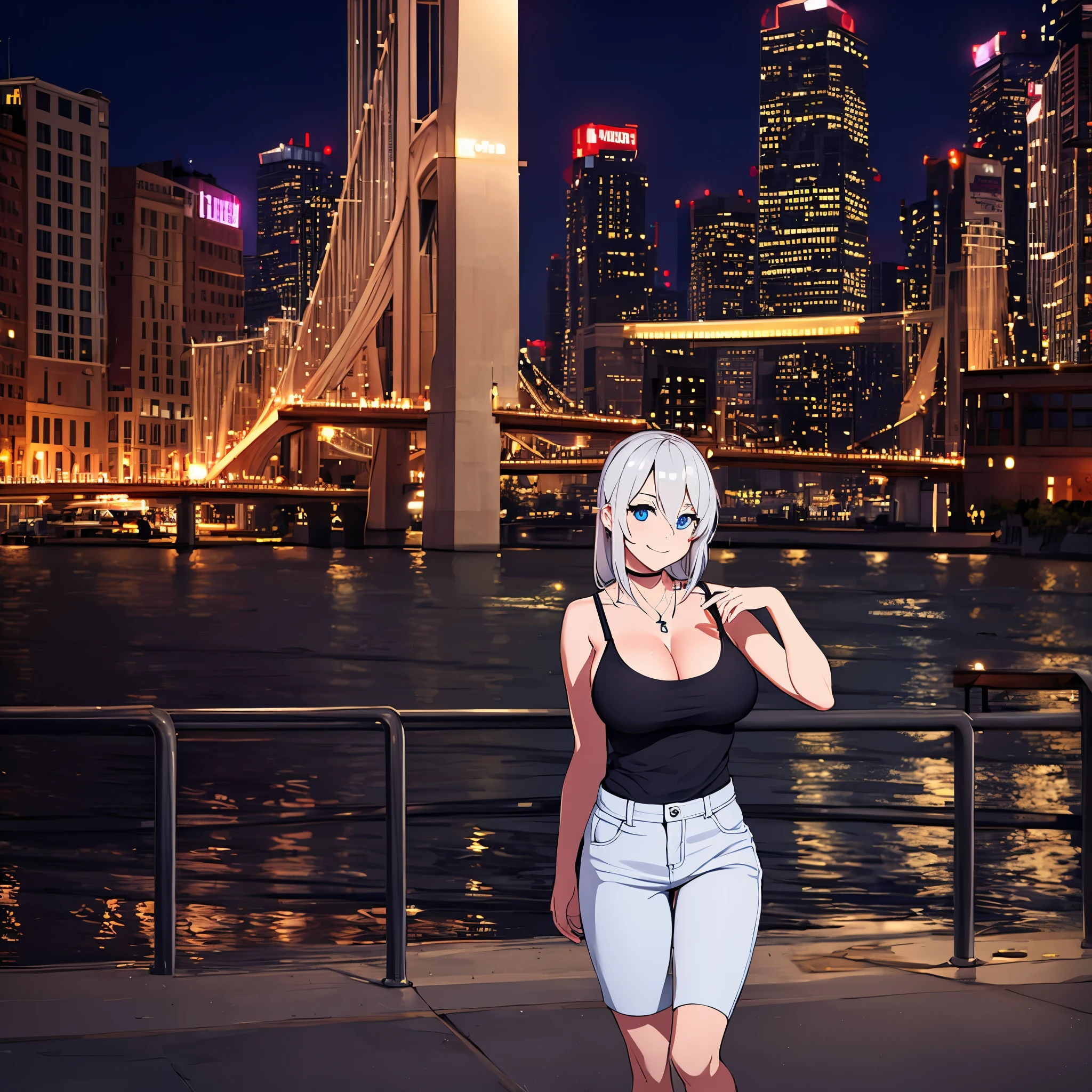 A woman in casual clothes, outside a big city in the United States at night, a big city in the background, at night, silver hair, blue eyes, smiling, big breasts, work of art, ultra resolution, 4k
