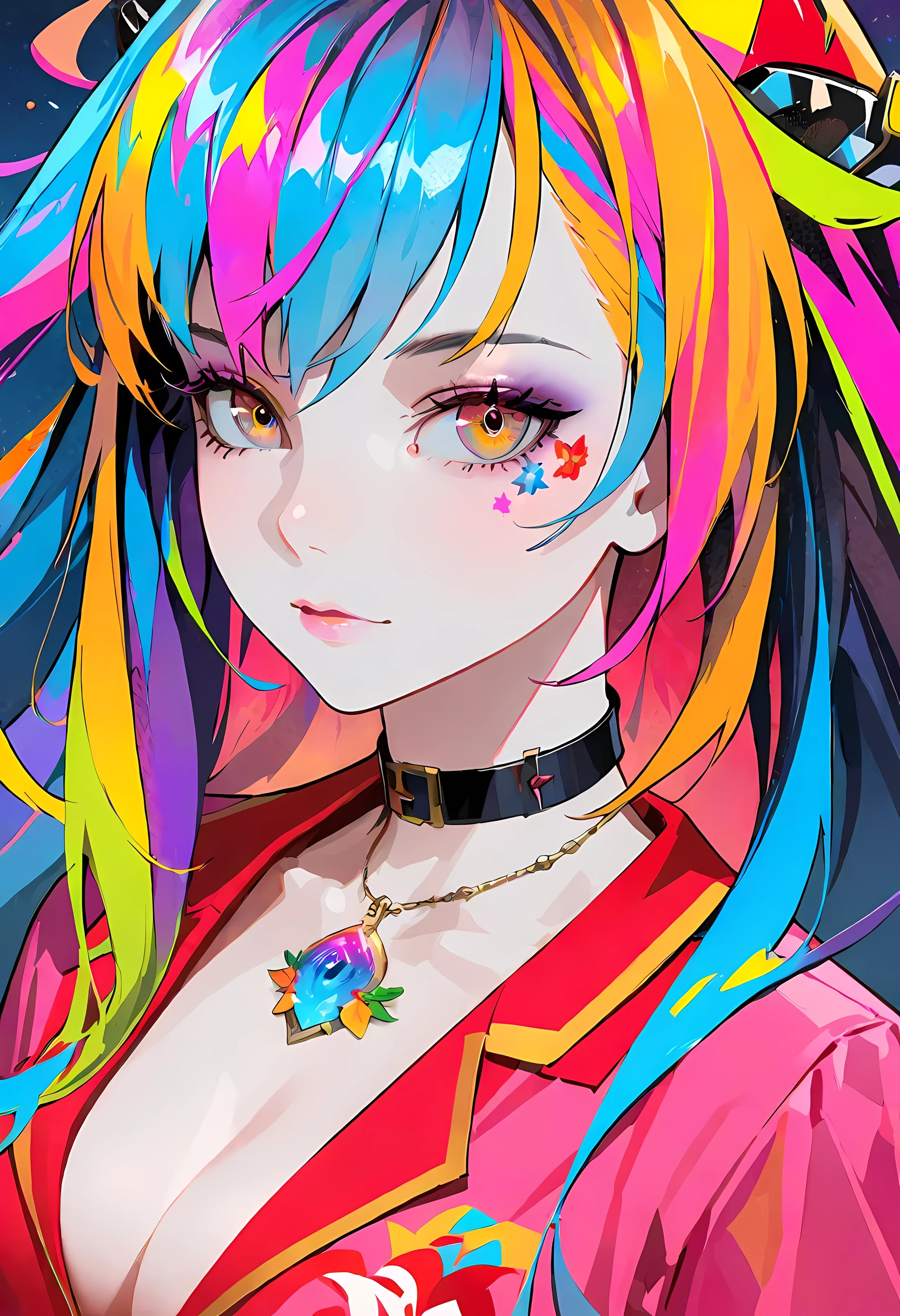 Close-up of a woman with colorful hair and necklace, Cosmic hair anime girl, The soft vibrancy of Rossdraws, Gouves style artwork, fantasy art style, colorful], Vibrant fantasy style, Rossdraws cartoon full of energy, cosmic and colorful, guweiz, colorful digital fantasy art, Stunning art style, Beautiful anime style, White skin, pajamas,