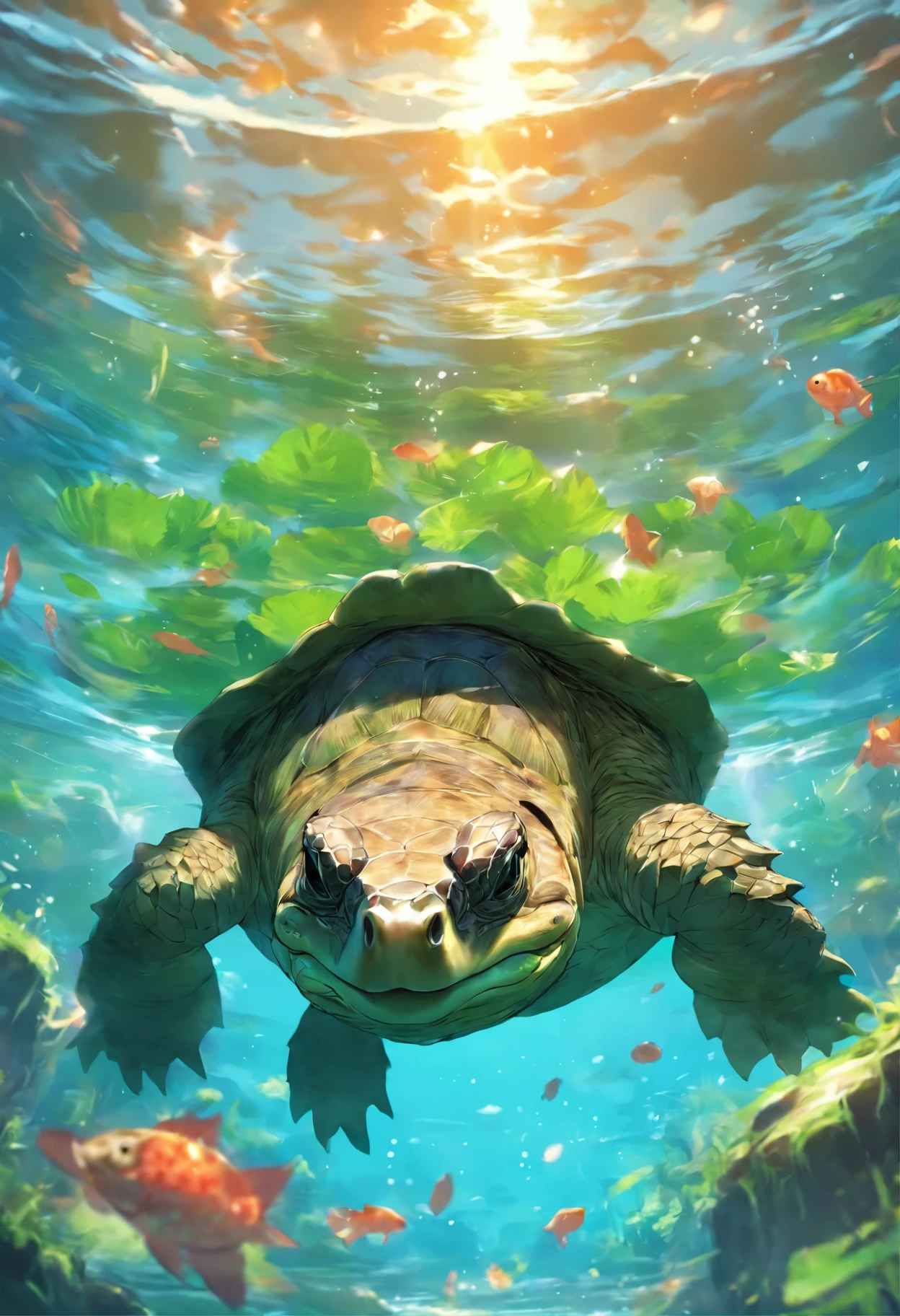 there is a snapping turtle swimming in a river with a fish.