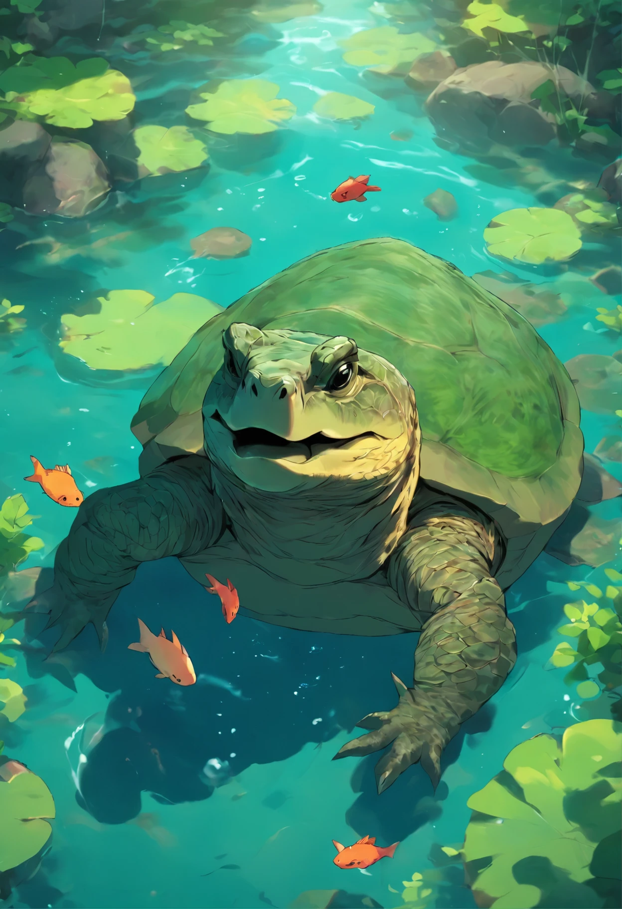 there is a snapping turtle swimming in a river with a fish.