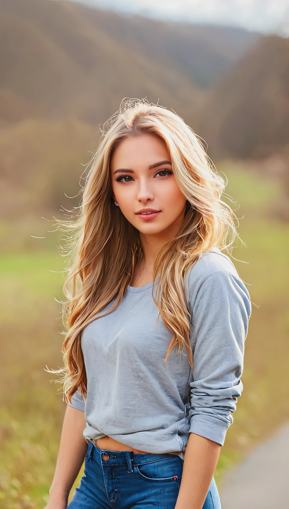 blonde with long hair in casual clothes 