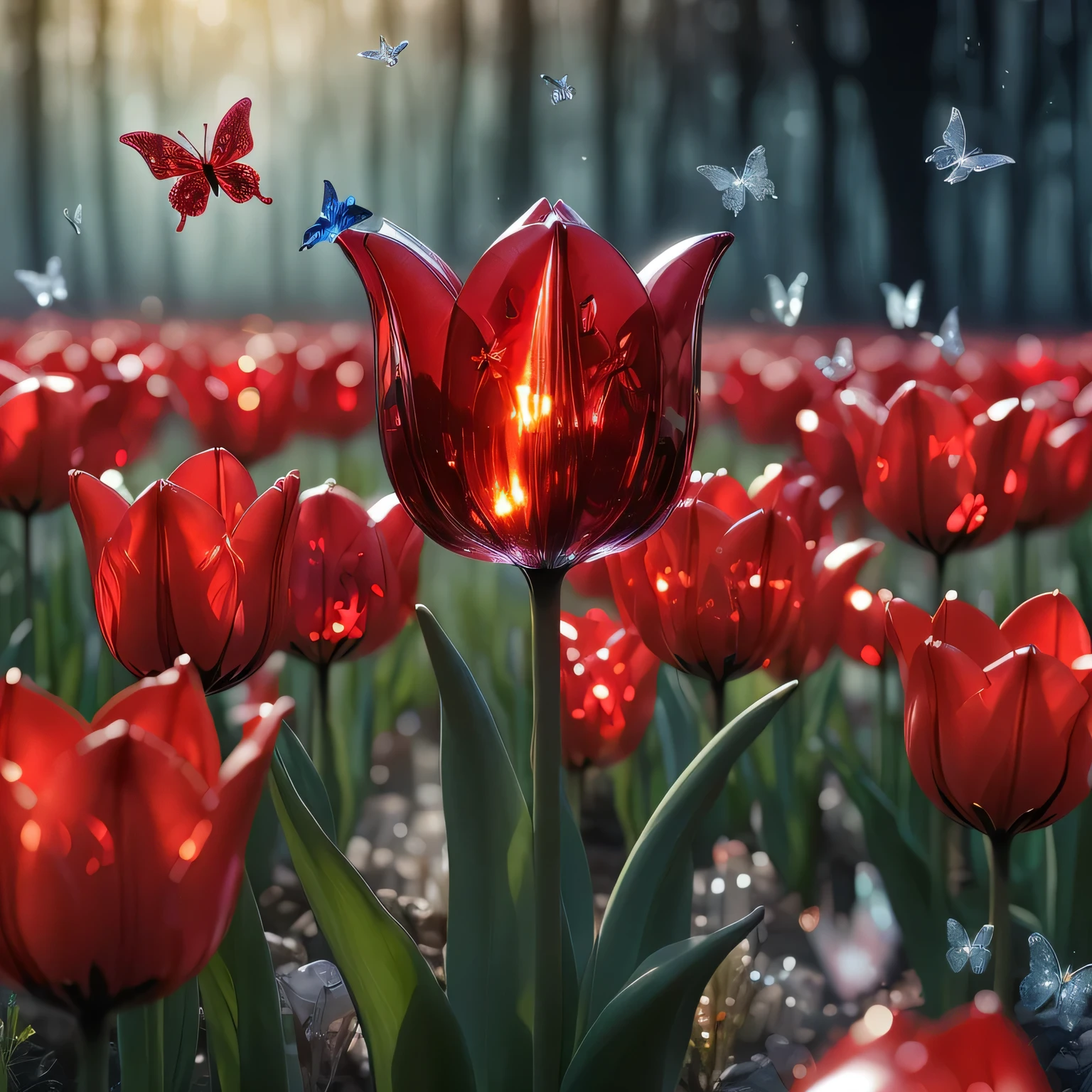 there are many red flowers with butterflies flying around them, magic flowers, celestial flores vermelhas vibe, flores e borboletas, beautiful representation of a fairy tale, flores vermelhas florescendo, magical colorful flowers, luzes com flor, linda arte digital, flores brilhantes, flores vermelhas, Tiny crimson petals falling, Beautiful Composition 3 - D 4K, tulipas, magia vermelha a envolve, vermelho brilhante