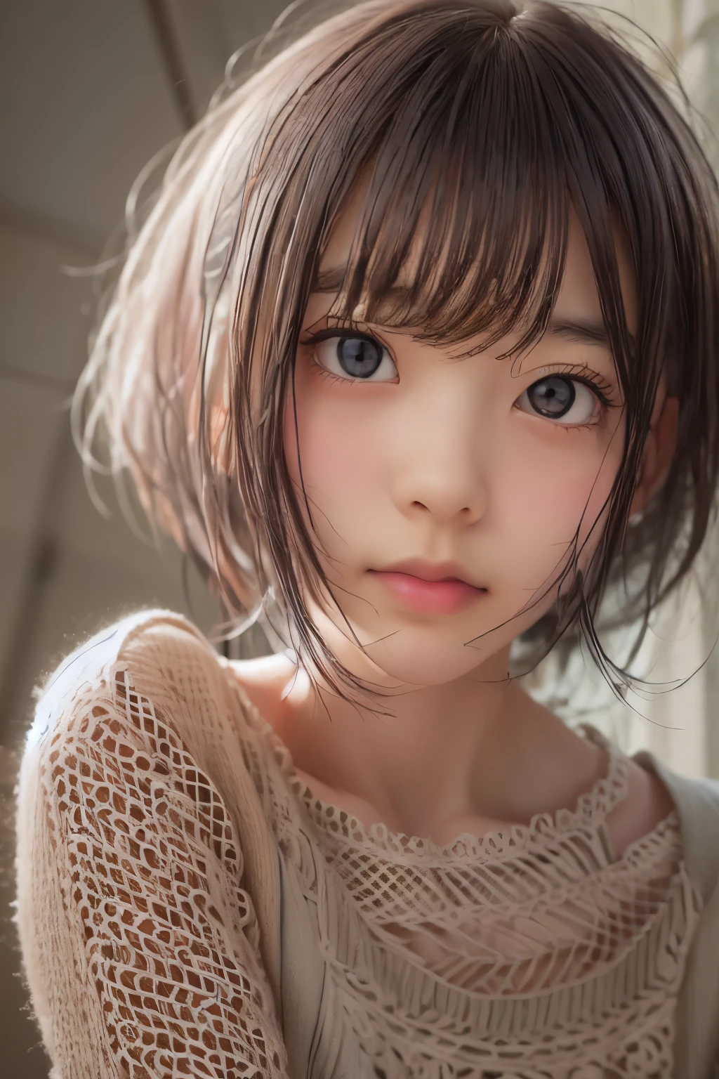 (from below:2), ((sfw: 1.4)), ((sfw, extra short hair, sidelocks-hair, 1 Girl)), Ultra High Resolution, (Realistic: 1.4), RAW Photo, Best Quality, (Photorealistic Stick), Focus, Soft Light, ((20 years old)), ((Japanese)), (( (young face))), (surface), (depth of field), masterpiece, (realistic), woman, bangs, ((1 girl))
