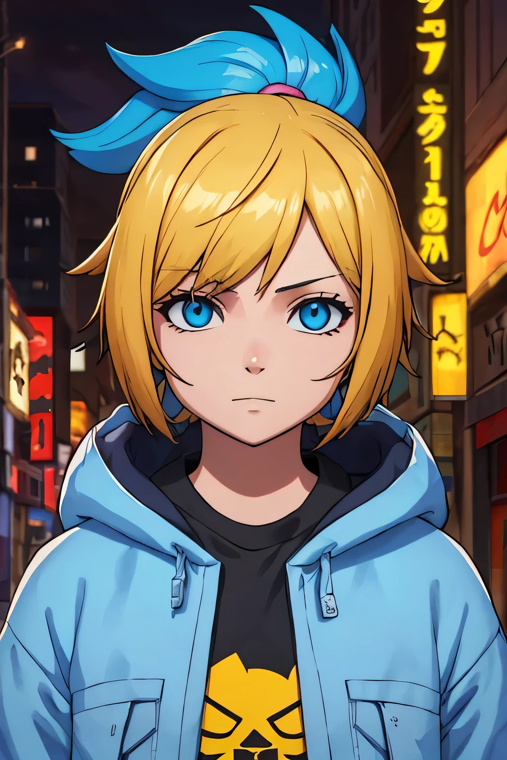 Naruto Uzumaki ciberpunk, 1 garoto de 19 anos, cabelos amarelos, vestindo jaqueta  e pijama, faixa , olhos detalhados azul celeste, Figura 3D, Melhor qualidade, UHD resolution, corpo inteiro na imagem