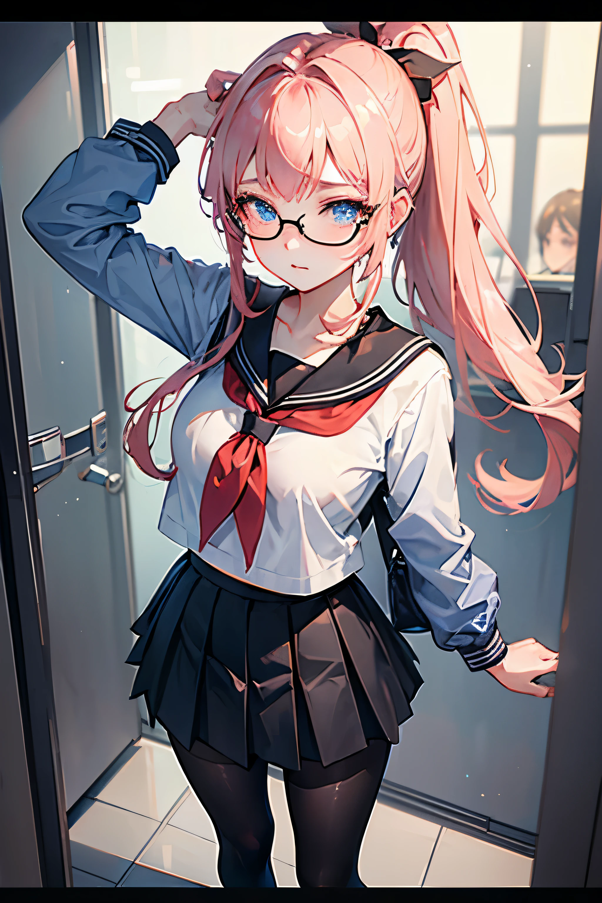 (masterpiece), best quality, expressive eyes, perfect face,1girl,solo,Jingliu,Honkai:Starrail,Ponytail,serafuku,skirt,pantyhose,standing,full body,from above,close up,straight face,glare,frame glasses