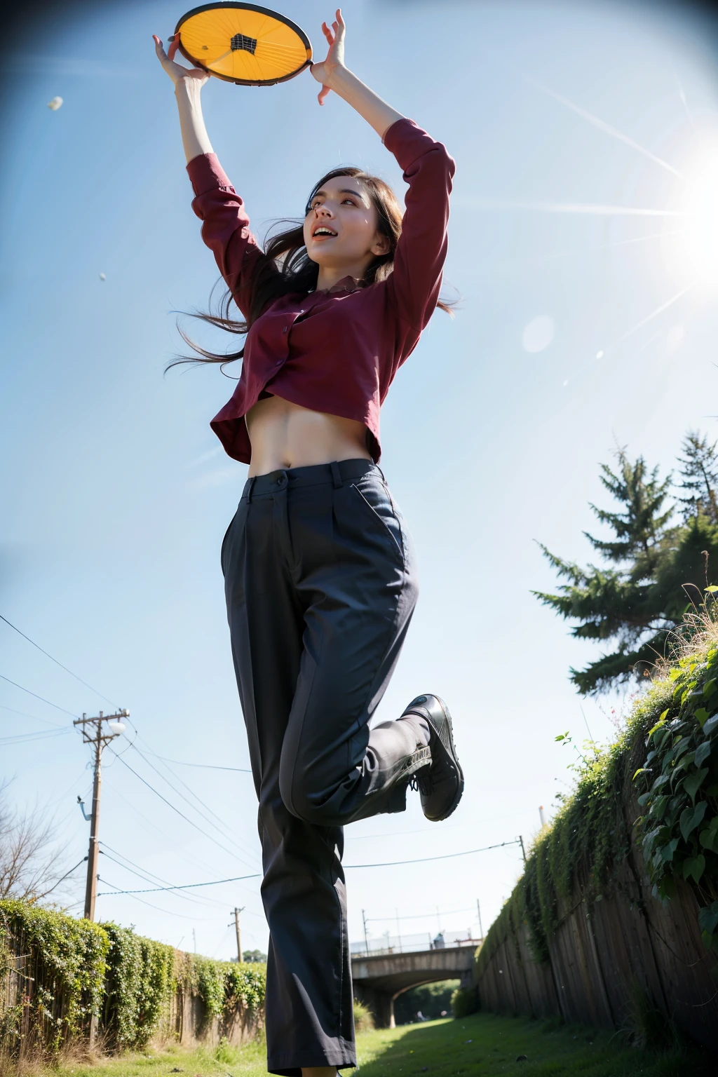 woman,catch frisbee,jump,whole body,overhead shot,trousers