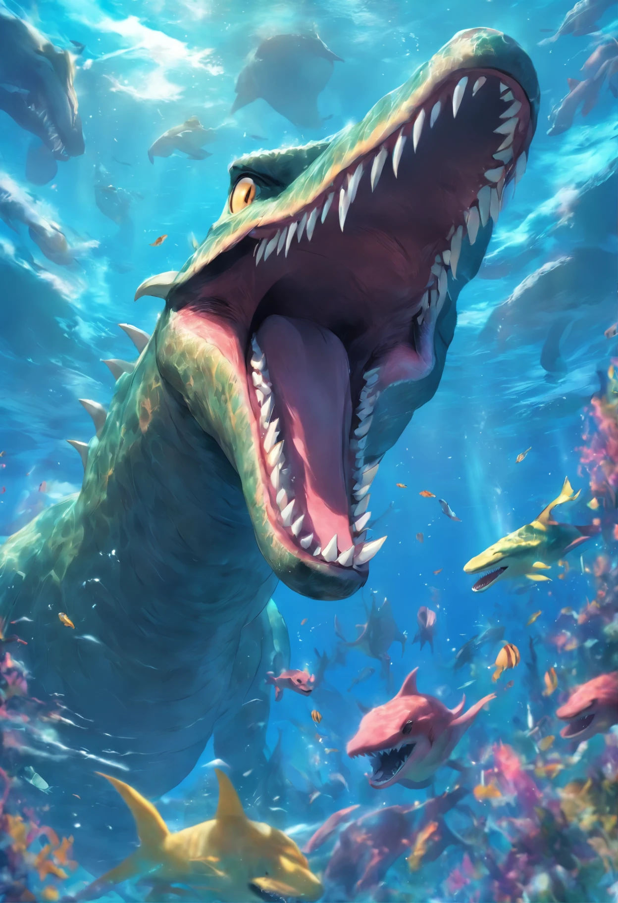 araffe with open mouth in the water with its mouth open, ocean giant creature bloop, plesiosaur, underwater sea monster, scary sea monster, deep sea creature, realistic photography paleoart, deep sea monster, realistic paleoart, large mouth with teeth, deep sea creatures, paleoart, sea monster, looming creature with a long, terrifying but fascinating