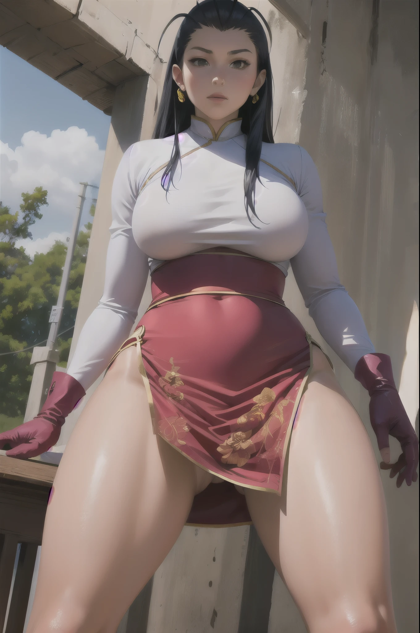 1girl,18yo,perfect hands, perfect finger,perfect anatomy, masterpiece, best quality,realistic, hyperrealistic, 16k hdr,kokouen_wz, black hair, long hair,antenna hair, fingerless gloves, brown gloves, see through chinese clothes, china dress, white dress, ahoge, hair slicked back, magatama earrings, dress, modeling,outdoor,large breasts,sexy pose,from below,sweat,spread legs,standing