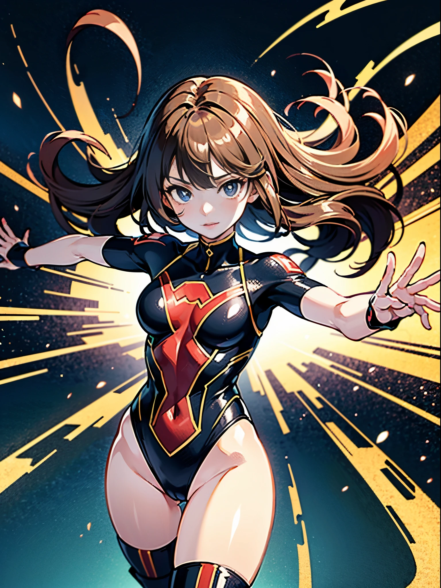 masterpiece, best quality, 1girl, superhero, two-tone leotard, bare legs, knee boots, matching boots, heroic, standing, body infused with energy, light particles, solo, single, cowboy shot, perfect anatomy, brown hair, beautiful detailed eyes, spread arms, spinning, spins fast in place like a tornado, twirling in place, tornado spinning, rapid gyration, space backdrop, motion blur, speed lines, tornado, energy circling her body, emphasis lines
