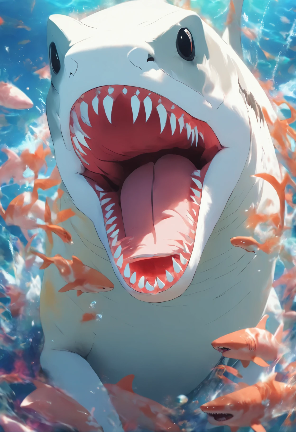 giantess、Woman's mouth、Detailed mouth、In the mouth、Giantess、Destroyed cityscape seen in the distance、rubble、Mountains in the distance々、smile、Scary face、Horror、Open your mouth、Sticking out tongue、Sharp teeth、Long Tongue、A giant face looks down、A devastating world