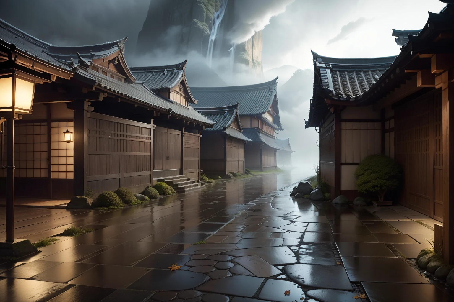 (highest quality,4k,8K,High resolution,masterpiece:1.2),Super detailed,(realistic,photorealistic,photo-realistic:1.37),Japanese swordsman, village,Wet day,cloudy sky,samurai armor,Traditional swords,Ancient warriors,stoic expression,Drooping raindrops,calm environment,ancient lantern,meditative atmosphere,Authentic Japan architecture,Curved rooftop,stone path,Subtle fog,Wet cobblestones,Falling autumn leaves,windy situation,calm colors,calm tone,soft lighting,cinematic composition,A mesmerizingly beautiful silhouette,dramatic shadow,ethereal atmosphere