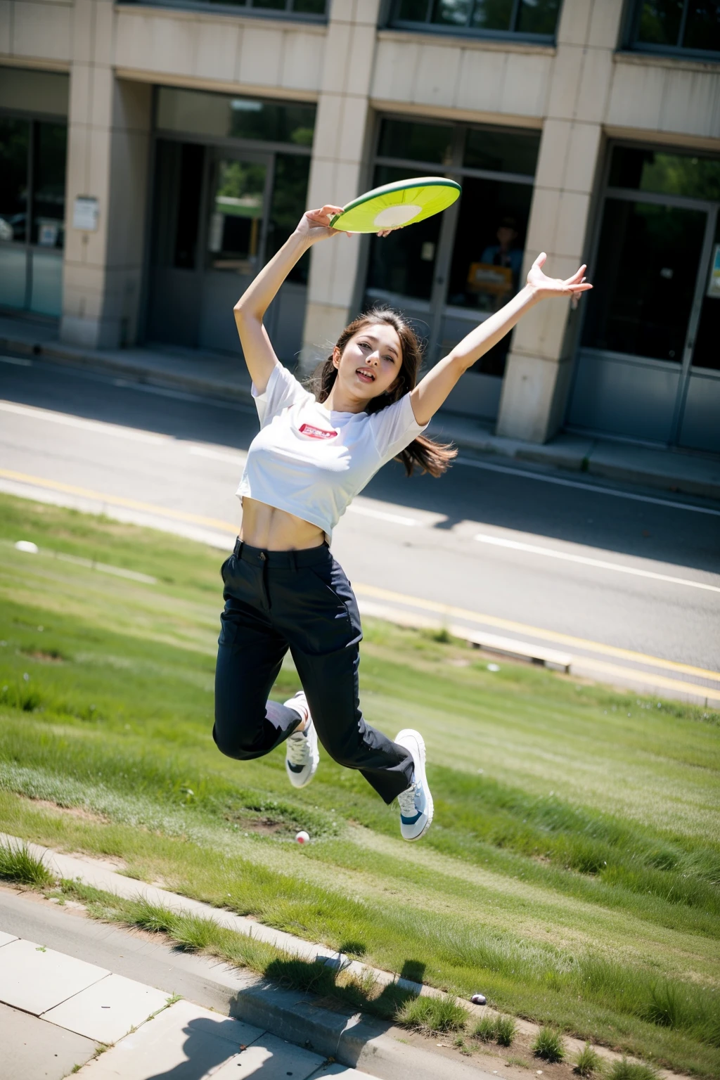 woman，catch frisbee，overhead shot，jump，whole body，trousers