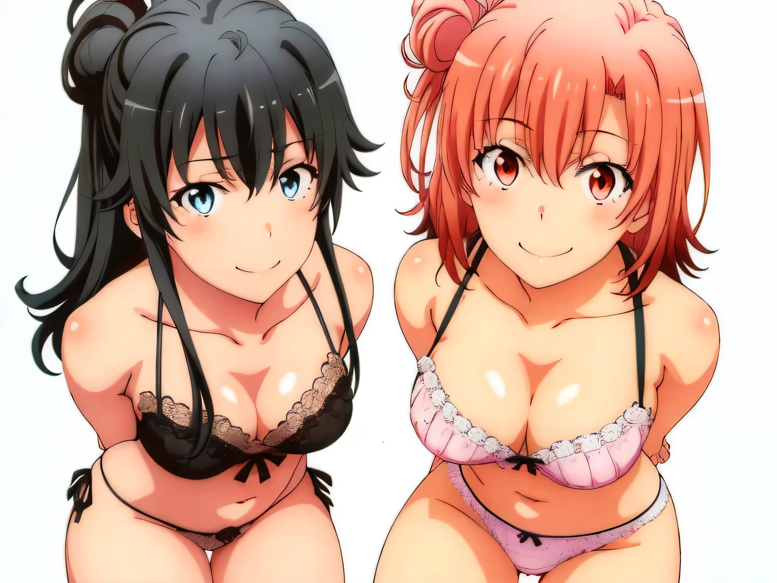 2 girls , Yukinoshita Yukino , yuigahama yui'bust and thighs are great,In underwear,they have their hands behind their backs,good,belly button,light pink lace panties,white lace panties,thighs,knee calf,hold the calf with both hands,raise your legs,((high angle)),(beautiful eyes),open your mouth,smile,Insert your head