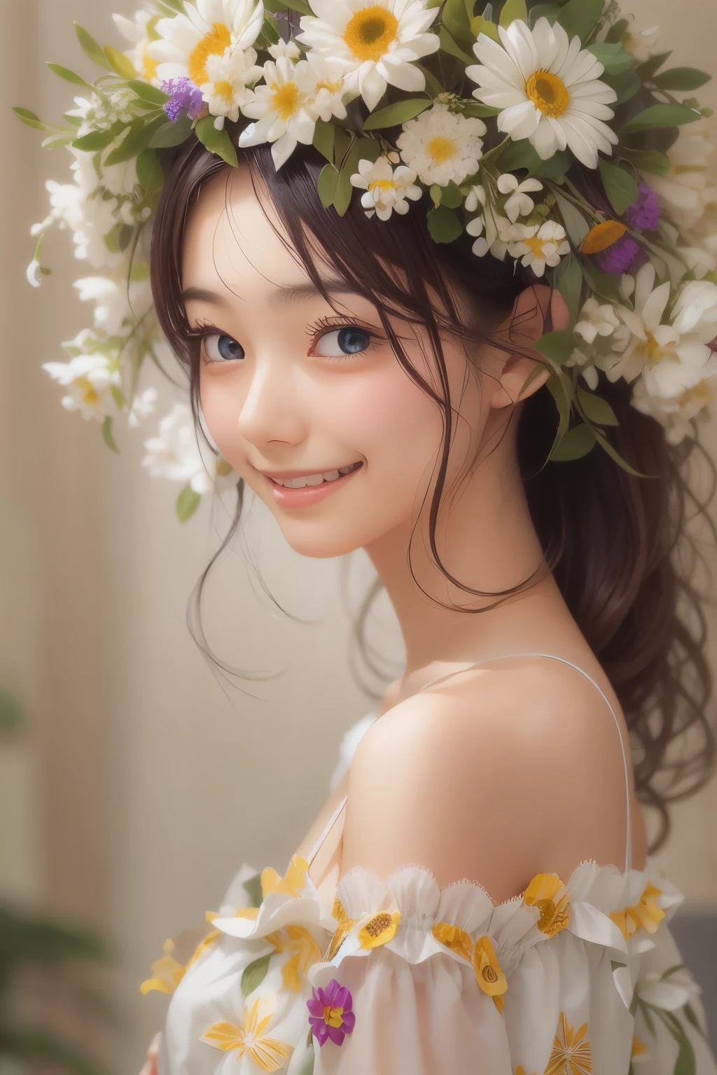 master piece , best quality , flower head , woman , blouse , smile , indoor
