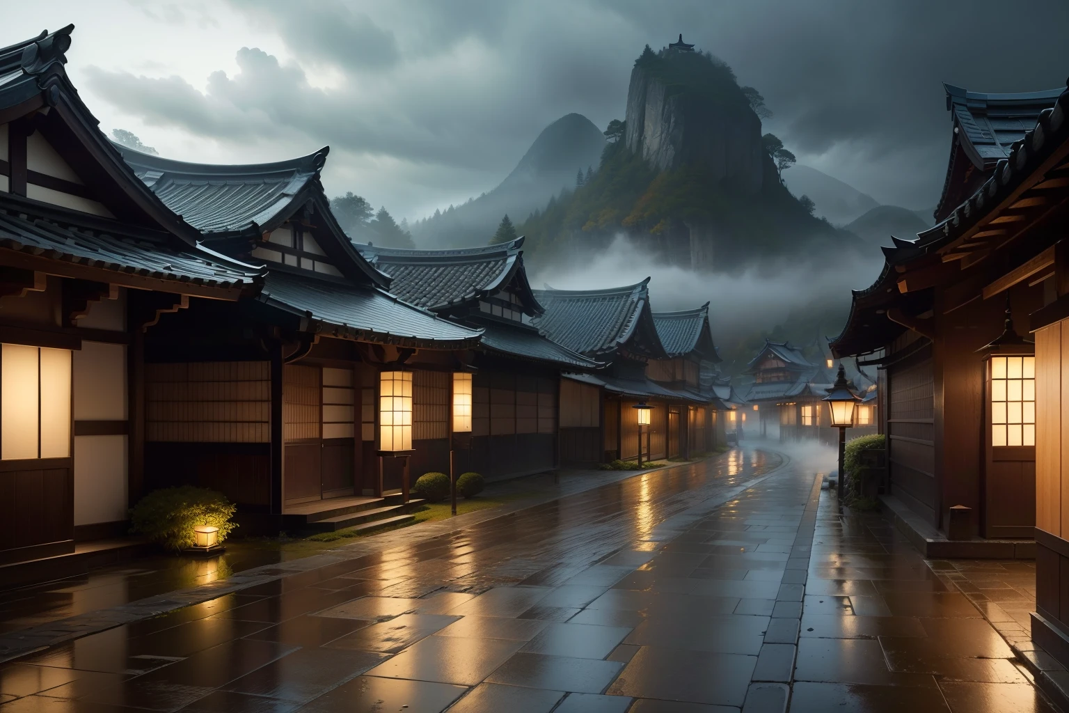 (highest quality,4k,8K,High resolution,masterpiece:1.2),Super detailed,(realistic,photorealistic,photo-realistic:1.37),Japanese swordsman, village,Wet day,cloudy sky,samurai armor,Traditional swords,Ancient warriors,stoic expression,Drooping raindrops,calm environment,ancient lantern,meditative atmosphere,Authentic Japan architecture,Curved rooftop,stone path,Subtle fog,Wet cobblestones,Falling autumn leaves,windy situation,calm colors,calm tone,soft lighting,cinematic composition,A mesmerizingly beautiful silhouette,dramatic shadow,ethereal atmosphere