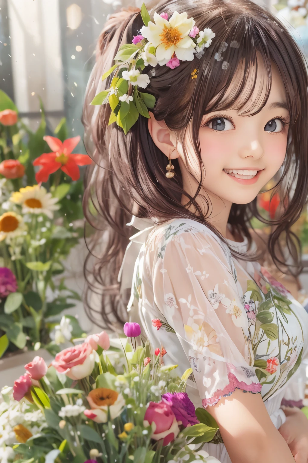 master piece , best quality , side flower head , woman , blouse , smile , indoor