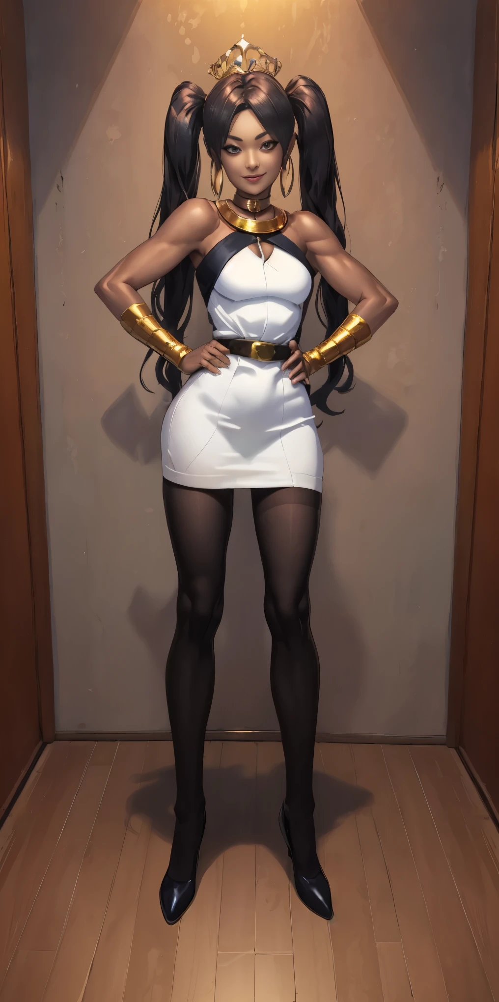 full body standing straight symmetrical, huge cowboy shot, solo 1MILF, lustful smirking smile face, looking at viewer, hands on hips, twintails, twin drills, dress, striped pantyhose, metal handcuffs on their hands with a black maetal slave collar around her neck, cowbell attached to the choker, sleeveless, black stockings, golden tiara
