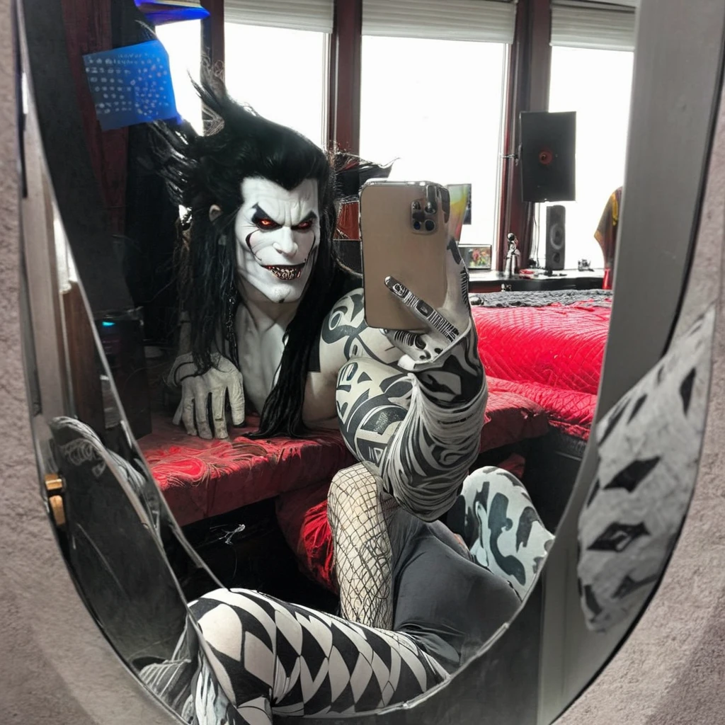 Dc's Lobo taking a selfy in a space bar room's mirror
