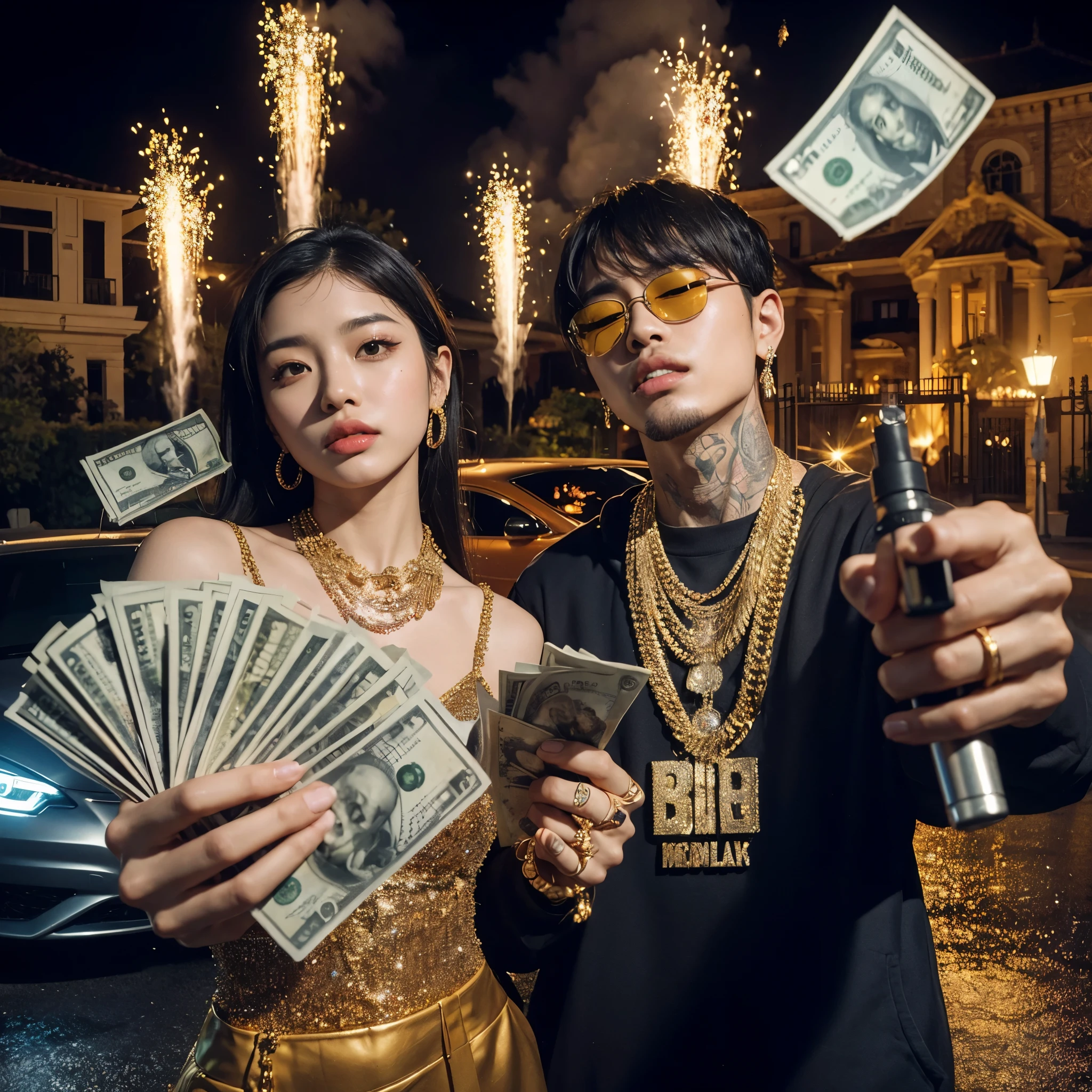 Photoreal、realistic skin texture, asian male rappers and female Gangsters spraying money to the camera, money in bulk, gold chains around their necks, gold teeth, luxury cars in background, designer rapper clothes, Mansion compound setting, fountain, fireworks in the sky (natural skin texture, hyperrealism, soft light, sharp), front view, full body shot, night time, car light illumination