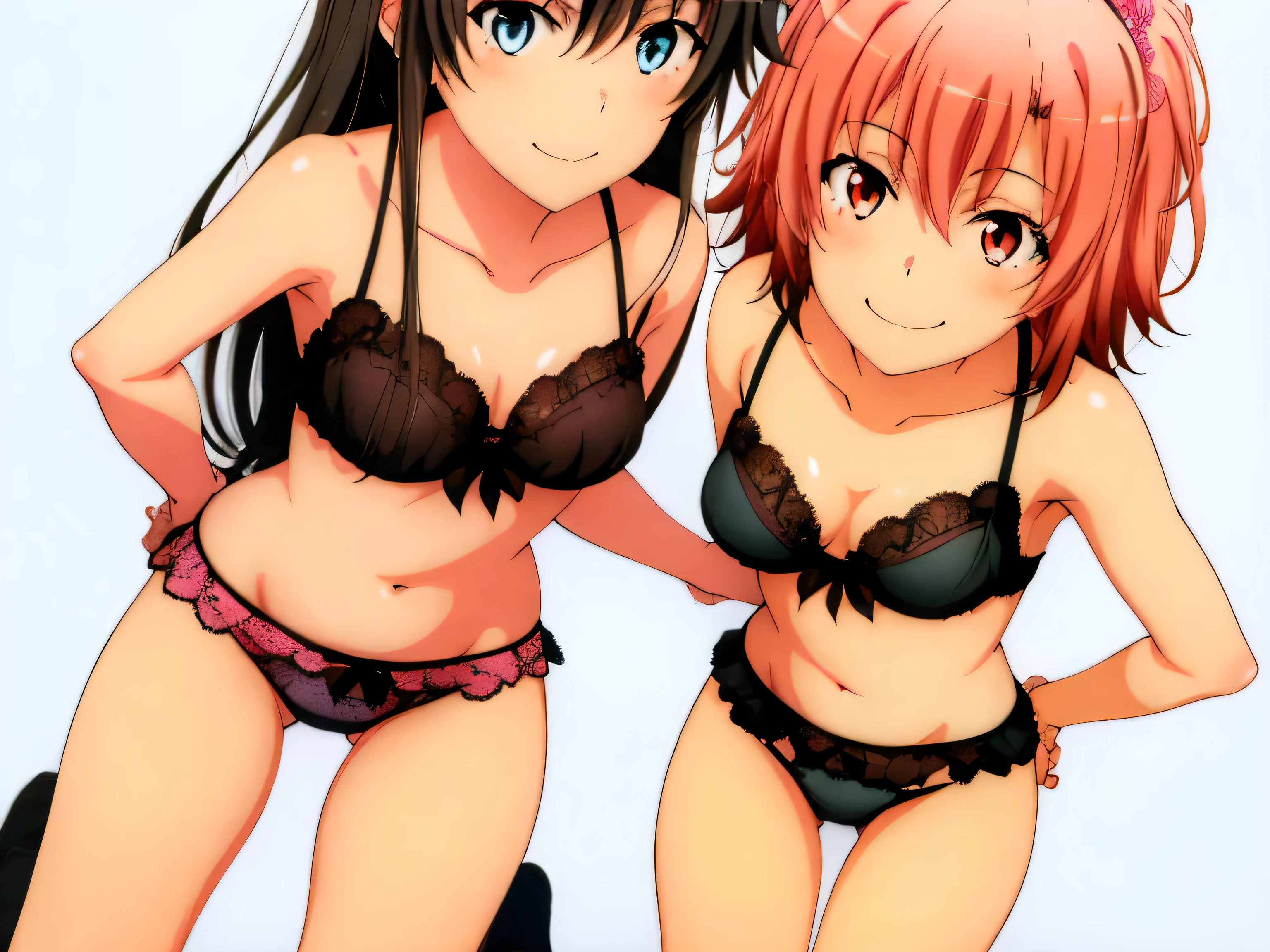 2 girls , Yukinoshita Yukino , yuigahama yui'bust and thighs are great,In underwear,they have their hands behind their backs,good,belly button,light pink lace panties,white lace panties,thighs,knee calf,hold the calf with both hands,raise your legs,((high angle)),(beautiful eyes),open your mouth,smile,Insert your head