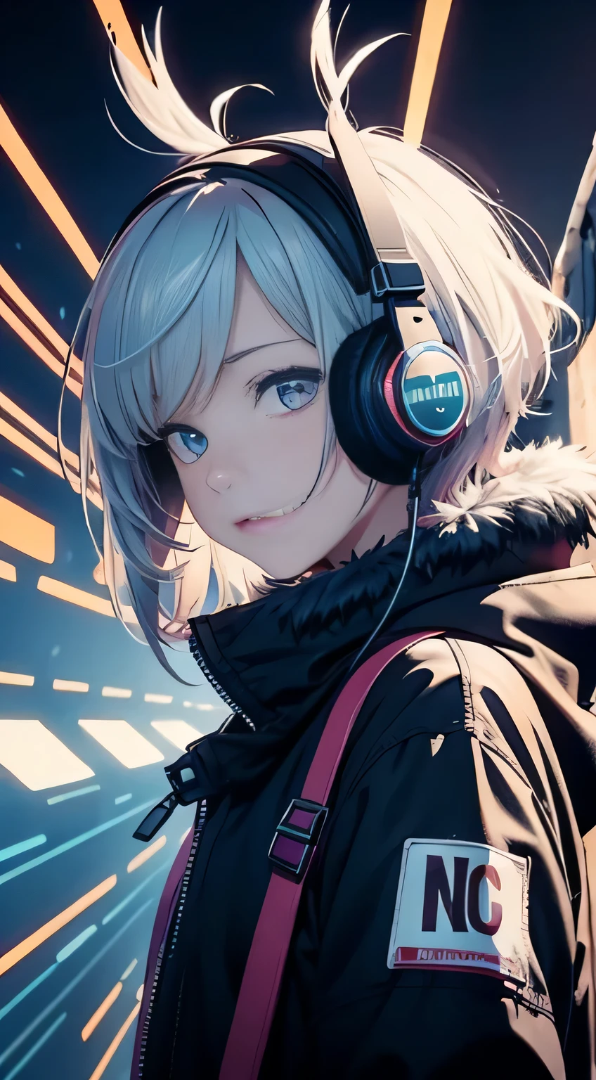 (nvinkpunk: 1.2), (snthwve style: 0.8), DJ Eagle with intricate, highly detailed feathers and textured plumage, donning a headphone adorned with glowing, neon lights, soaring amidst the backdrop of a sunset-lit, wave-like landscape, with lightwave patterns shimmering across the sky.