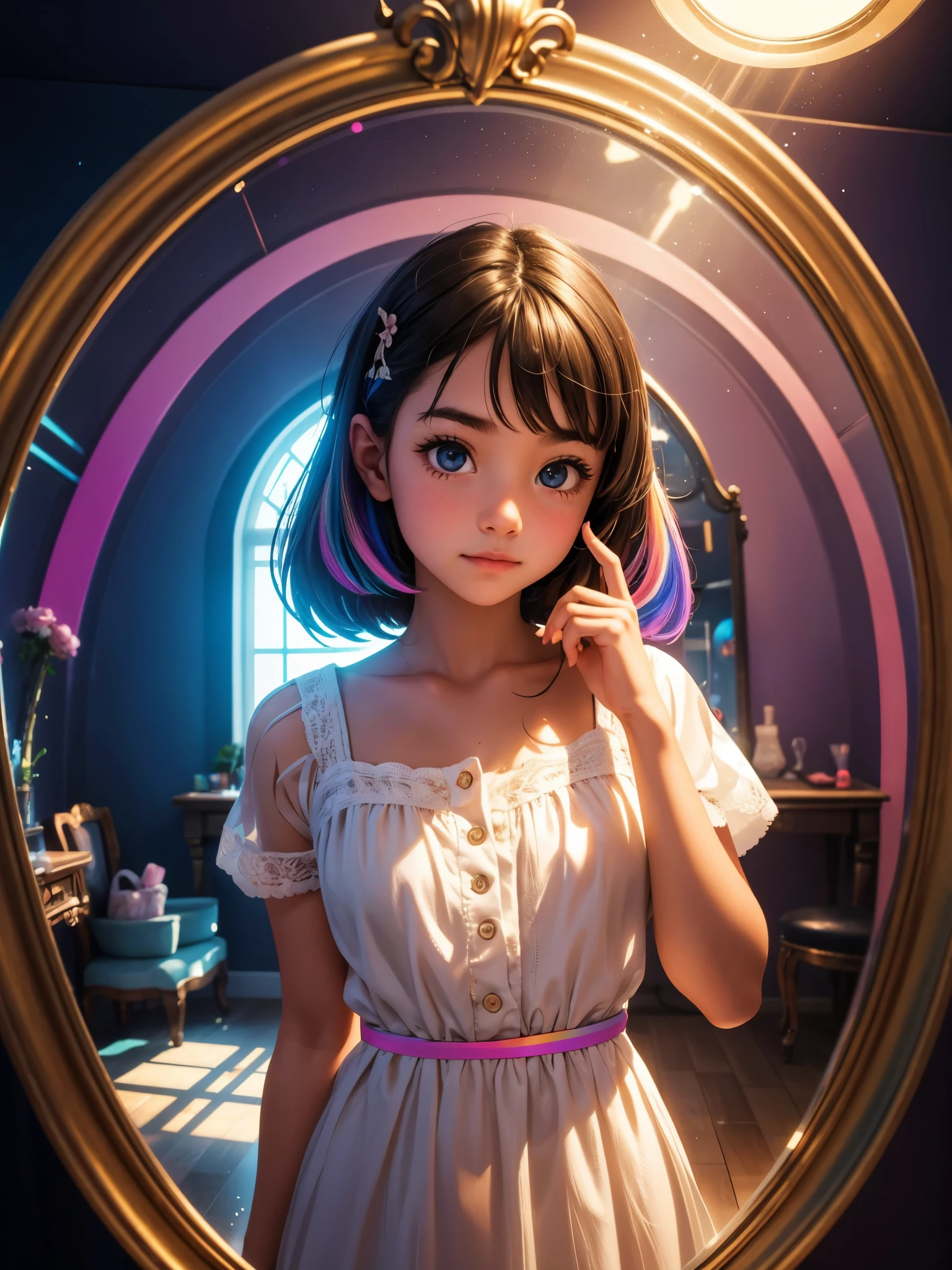 a girl is posing cute in the room of mirrors, intricately reflecting rainbow-colored light,